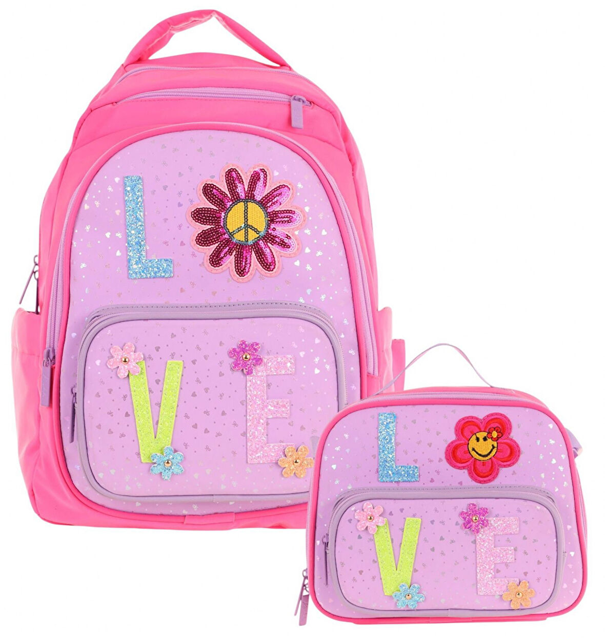 Kaukko Kids Dört Bölmeli Okul Çantası ve Beslenme Çantası Seti - Simli Love Desenli - Kız Çocuk (L5211+L7211)