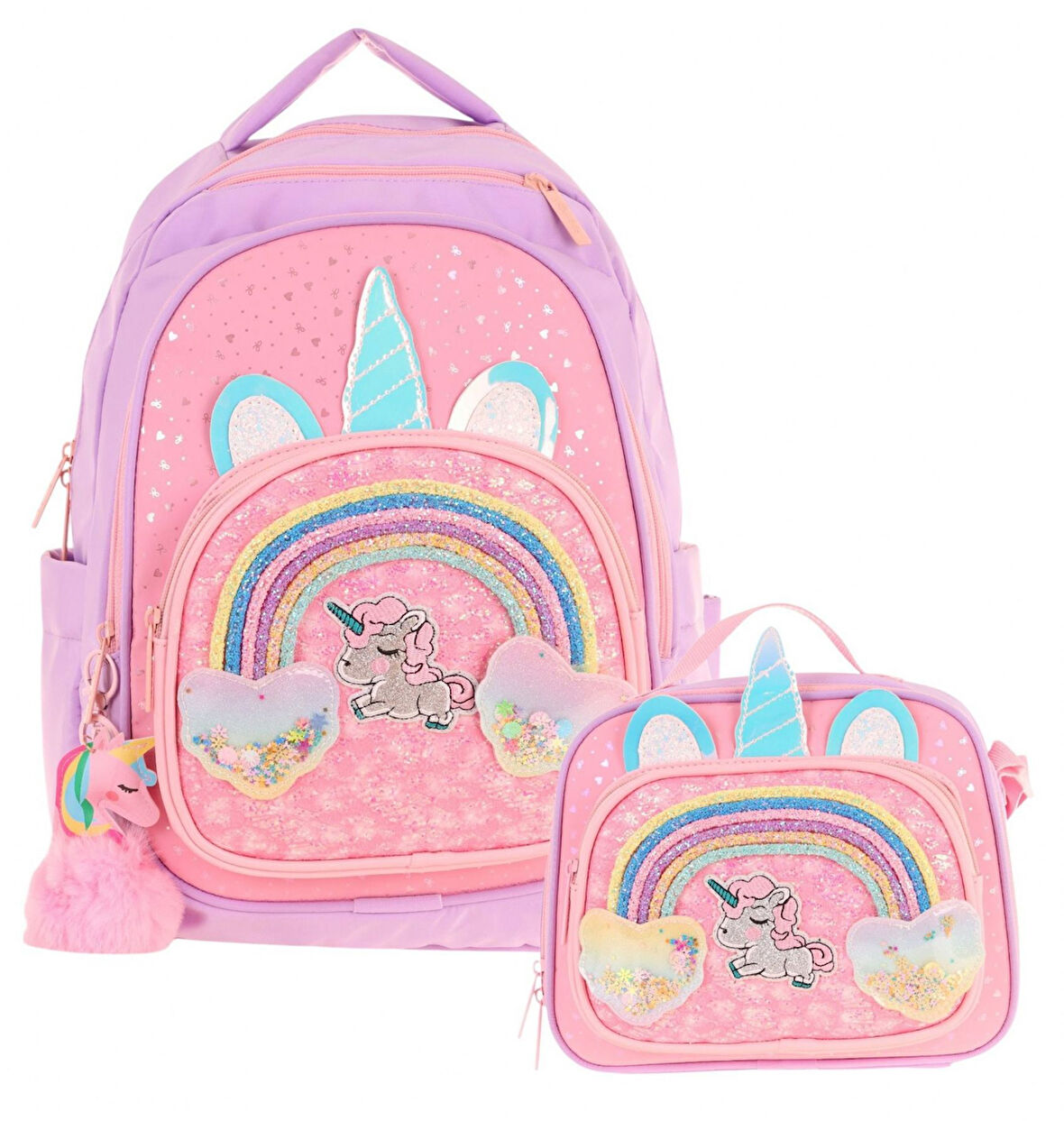 Kaukko Kids Dört Bölmeli Okul Çantası ve Beslenme Çantası Seti - Simli Unicorn Desenli - Kız Çocuk (L5212+L7212)