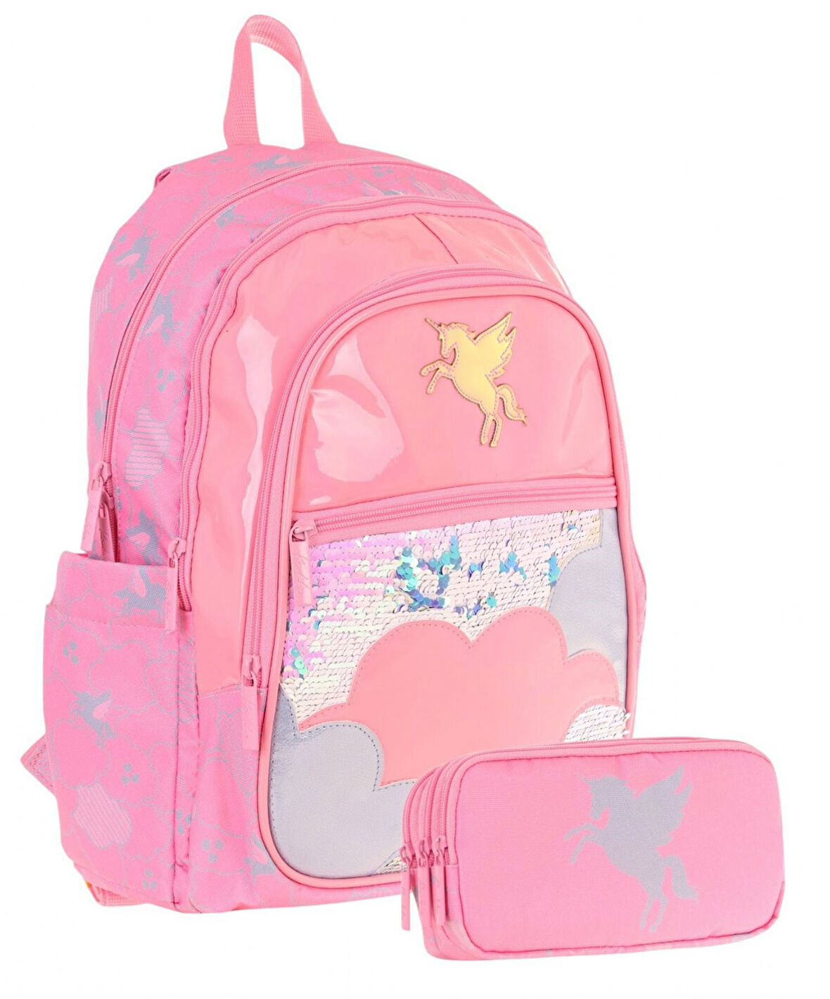 Kaukko Kids Kız Çocuk Okul Çantası ve Üç Bölmeli Kalemlik Seti (Pembe - Pullu Bulut ) - (L5218+L8218)