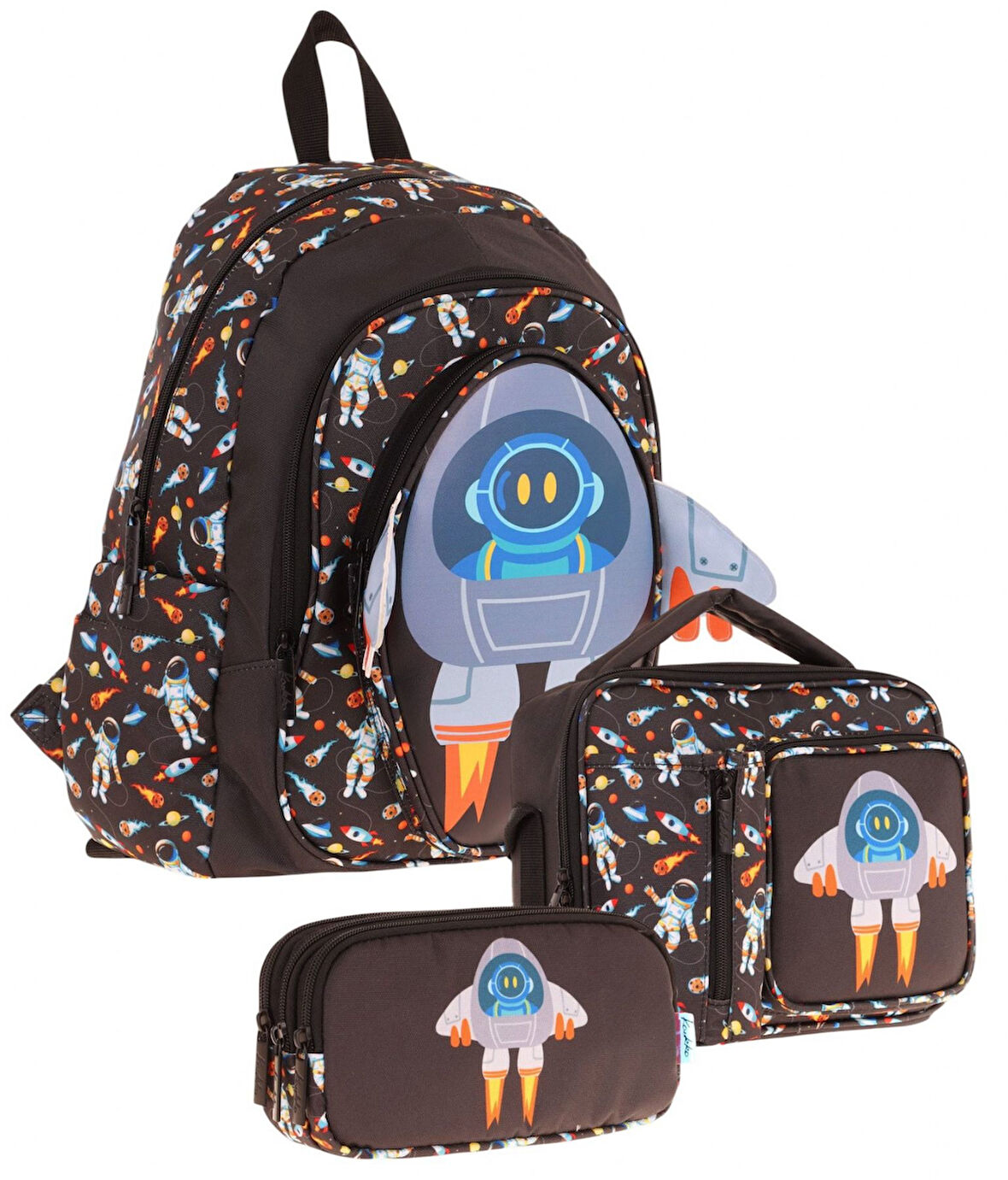 Kaukko Kids Kız Çocuklara Özel (Siyah - 3D Roket Detaylı) Üçlü Okul Çantası Seti
