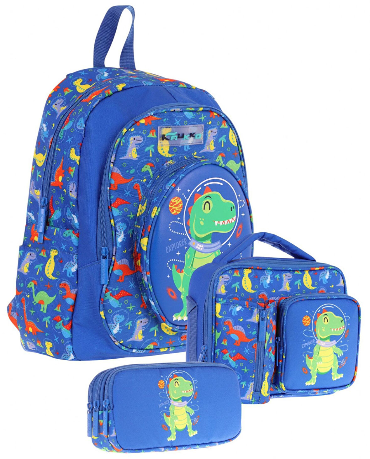 Kaukko Kids Kız Çocuklara Özel (Mavi Yeşil - 3D Dinazor Detaylı) Üçlü Okul Çantası Seti