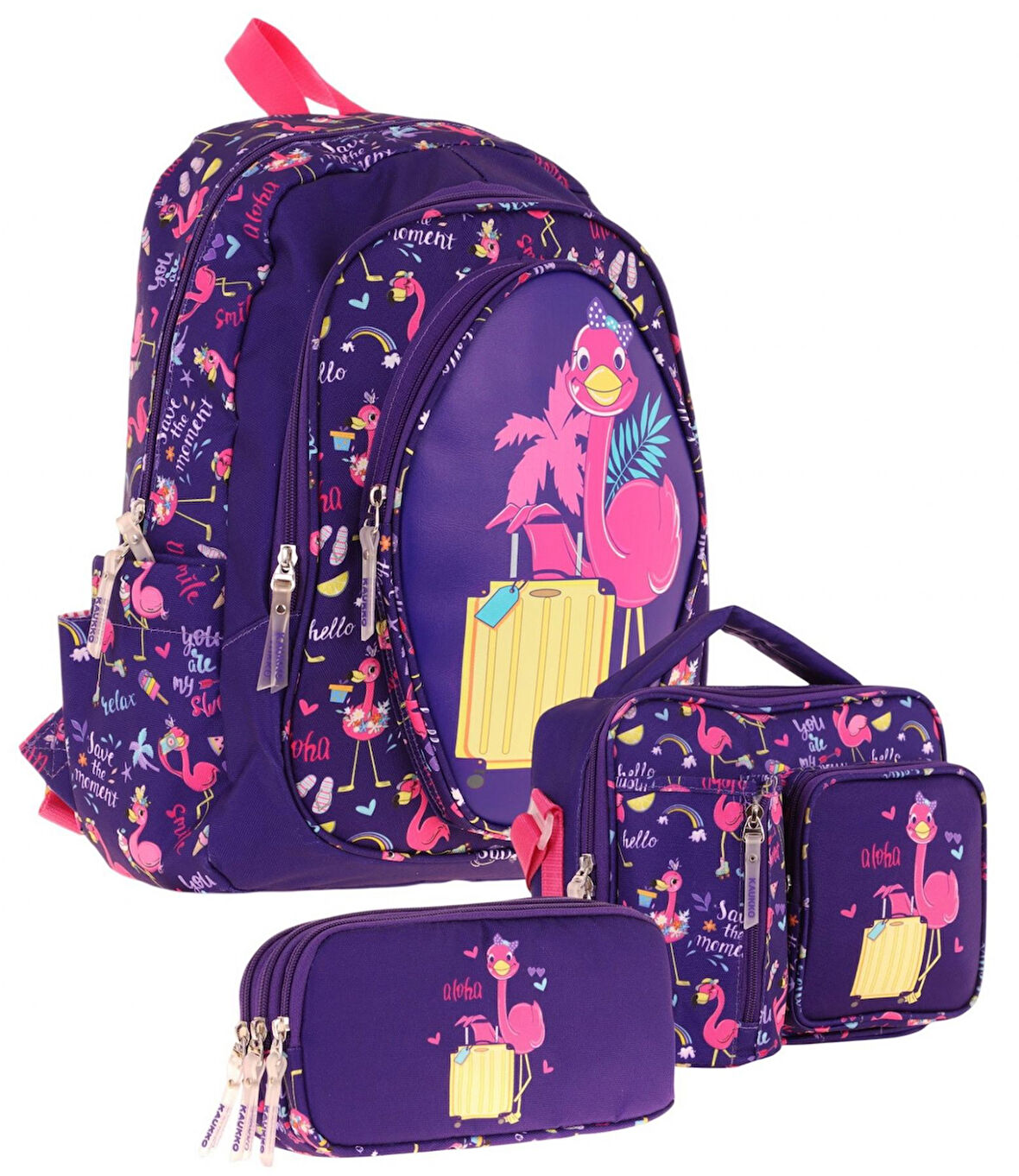 Kaukko Kids Kız Çocuklara Özel (Mor Pembe - Flamingo Detaylı) Üçlü Okul Çantası Seti