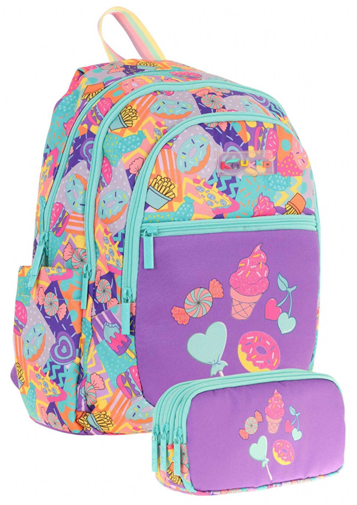 Kaukko Kız Çocuk Dört Gözlü Okul Çantası ve Üç Gözlü Kalem Çantası Seti - Yeşil Mor - Şekerleme (L5231+L8231)