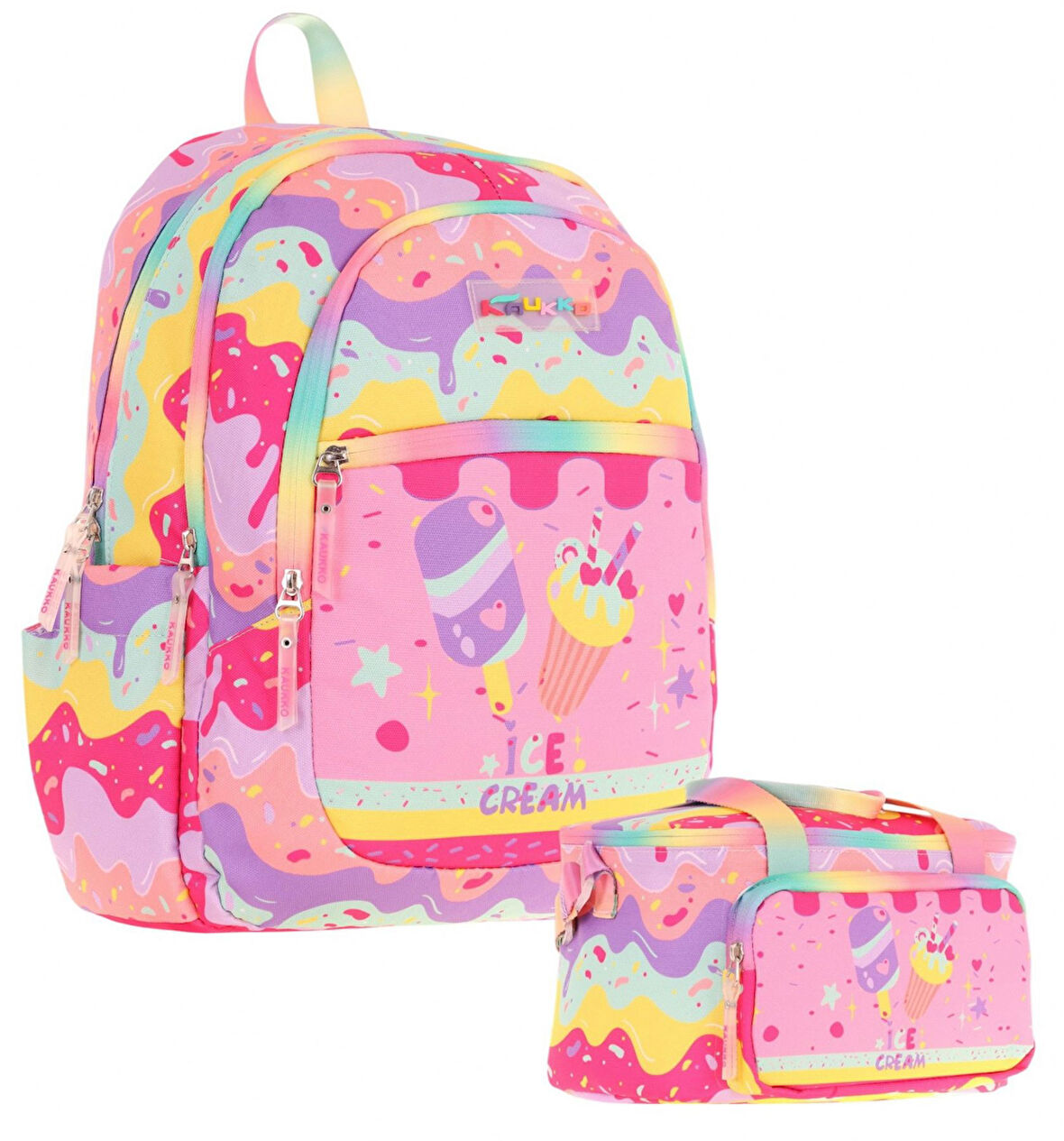 Kaukko Kids Kız Çocuk Okul Çantası ve Isı Yalıtımlı Beslenme Çantası Seti (L5232+L7232) Dondurma Baskılı - Pembe Sarı