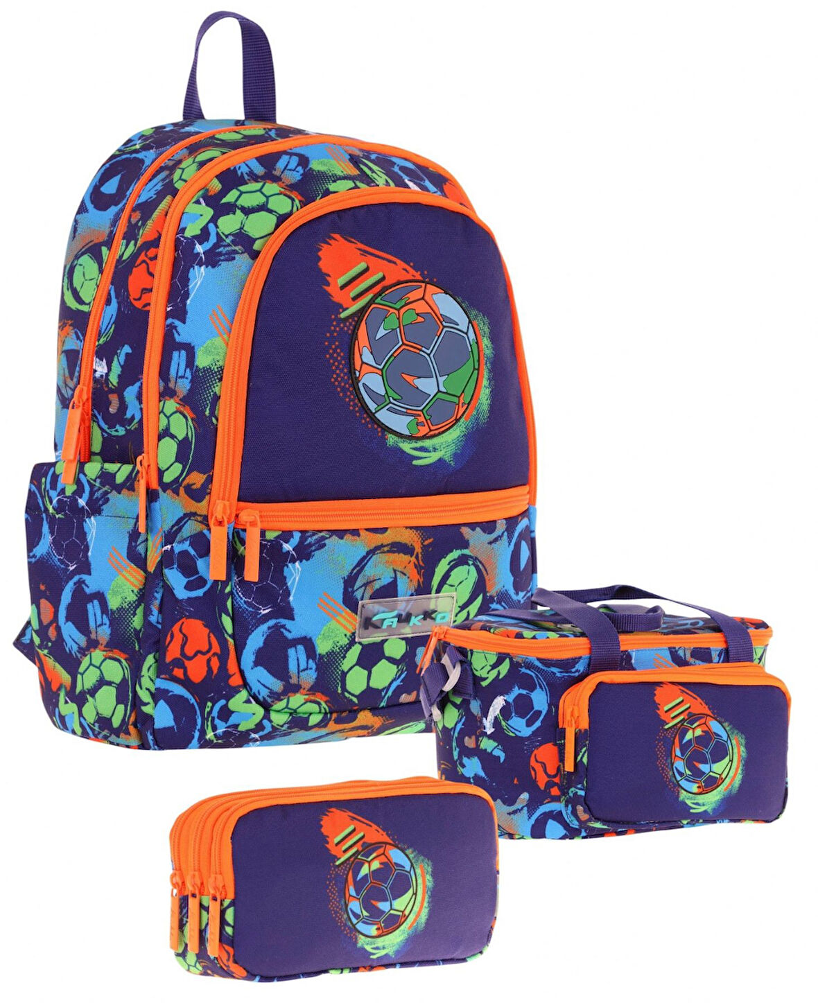 Kaukko Kids Üçlü Erkek Çocuk İlkokul Okul Çantası Seti (L5269+L7269+L8269) Lacivert Turuncu - Futbol Topu Baskılı