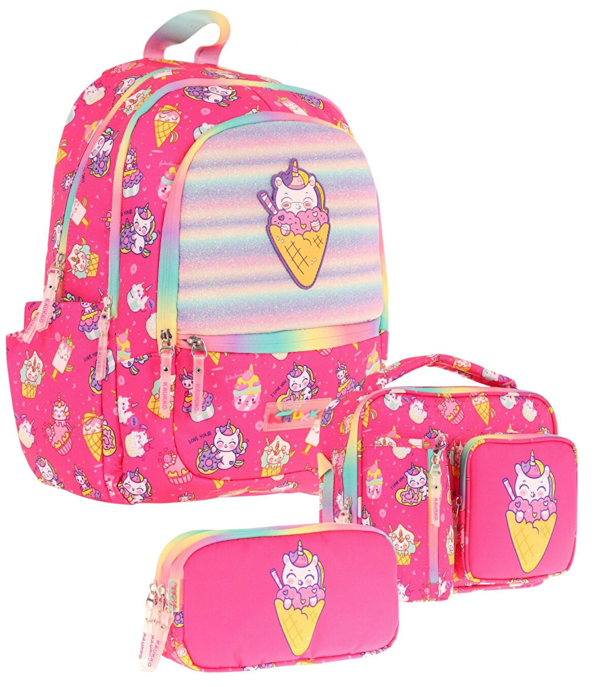 Kaukko Kids Üçlü Kız Çocuk İlkokul Okul Çantası Seti (L5227+L7227+L8227) Pembe - Kauçuk Dondurma