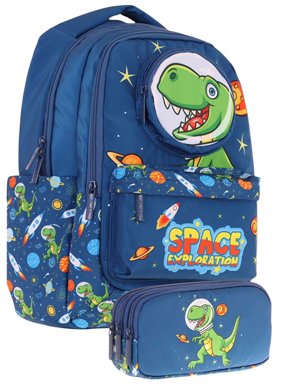 Kaukko Kids Toys Erkek Çocuk Lacivert 3D Dinazor Şekilli İlkokul Çantası ve Kalemlik Seti (L5252+L8252)