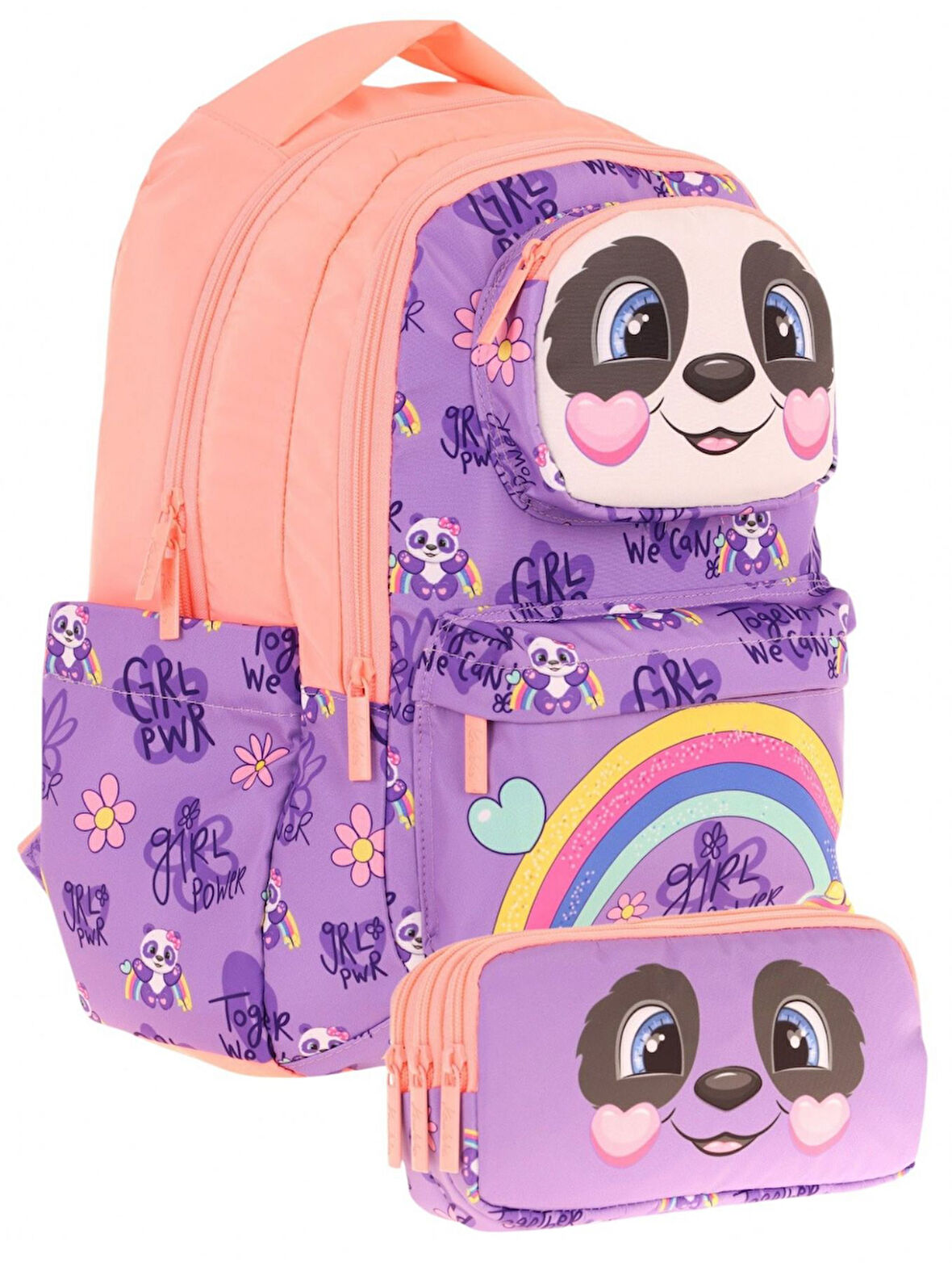 Kaukko Kids Toys Kız Çocuk Mor Somon 3D Panda Şekilli İlkokul Çantası ve Kalemlik Seti (L5233+L8233)