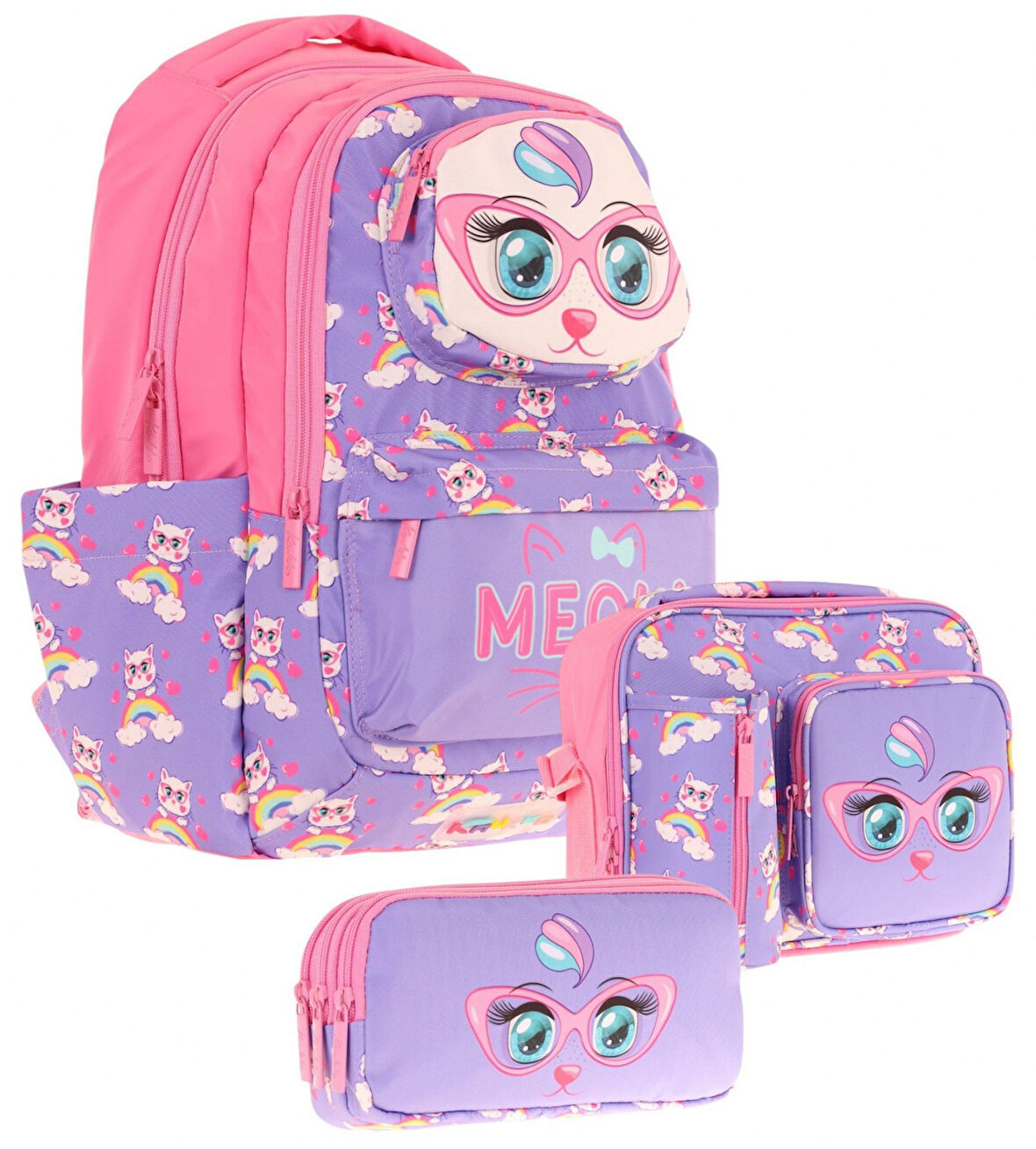 Kaukko Kids 3D Kedi Şekilli Kız Çocuk Üçlü Okul Çantası Seti/Takımı - Mor Pembe (L5236+L7236+L8236)