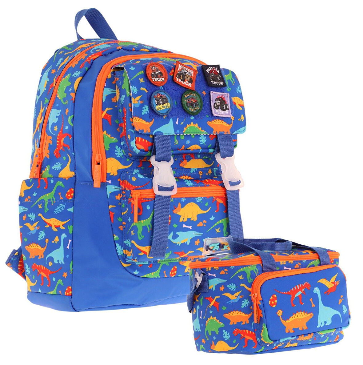 Kaukko L5278+L7278 Erkek Çocuk İkili Okul Çantası ve Beslenme Çantası Seti - Mavi - Armalı Dinazor Desenli