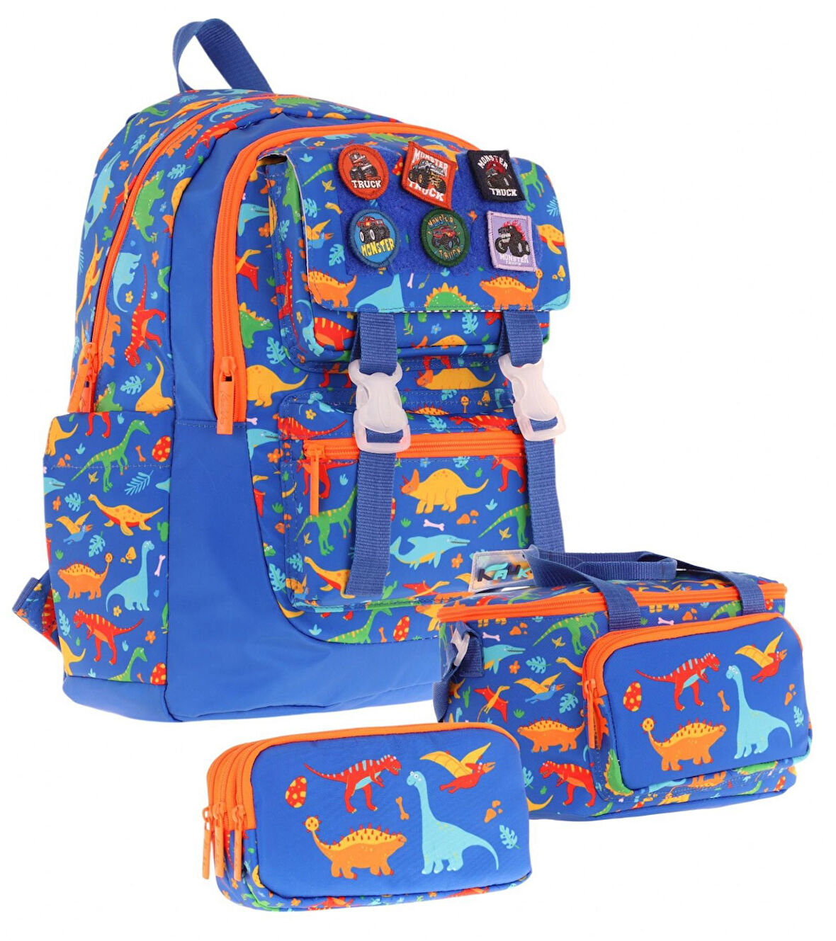Kaukko Kids Armalı Dinazor Desenli Erkek Çocuk Üçlü İlkokul Okul Çantası Seti - Mavi