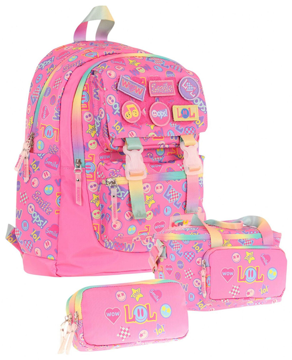 Kaukko Kids Armalı Yazı Desenli Kız Çocuk Üçlü İlkokul Okul Çantası Seti - Pembe