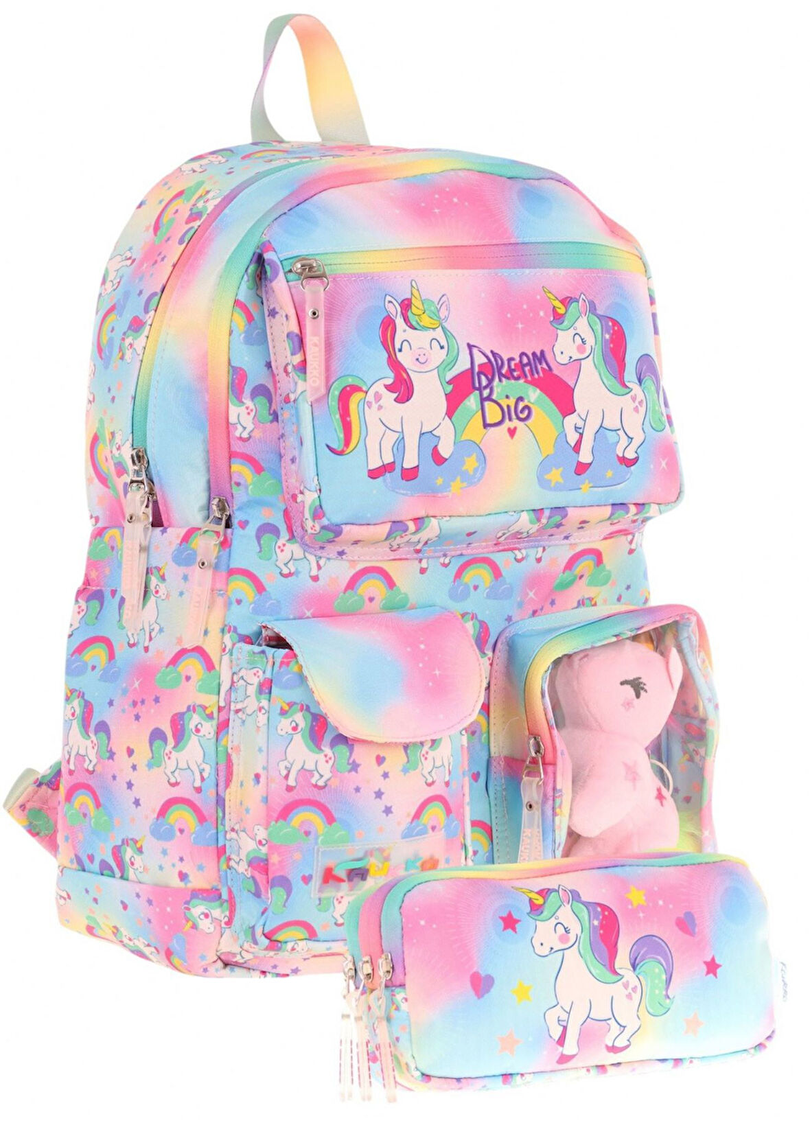 Kaukko Kız Çocuk Beş Bölmeli Okul Çantası ve Üç Bölmeli Kalemlik Seti - Peluş Unicornlu - Pembe