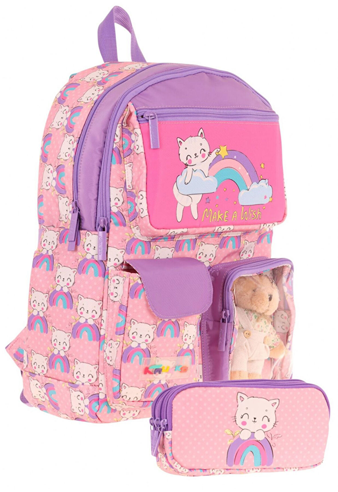 Kaukko Kız Çocuk Beş Bölmeli Okul Çantası ve Üç Bölmeli Kalemlik Seti - Peluş Kedili - Pembe Mor
