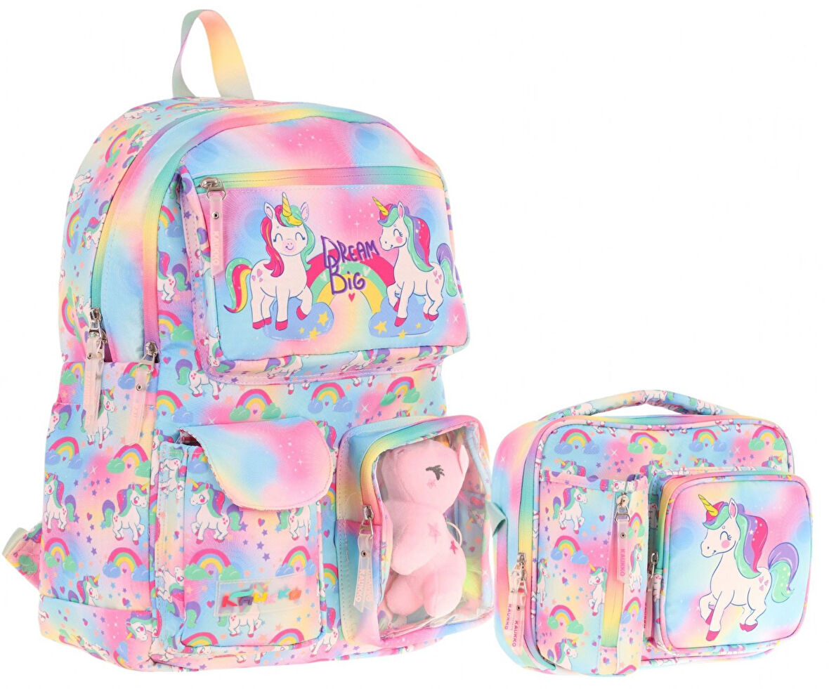 Kaukko Peluş Unicornlu Pembe Kız ÇocukLar İçin Okul Çantası ve Beslenme Çantası Seti (L5243+L7243)