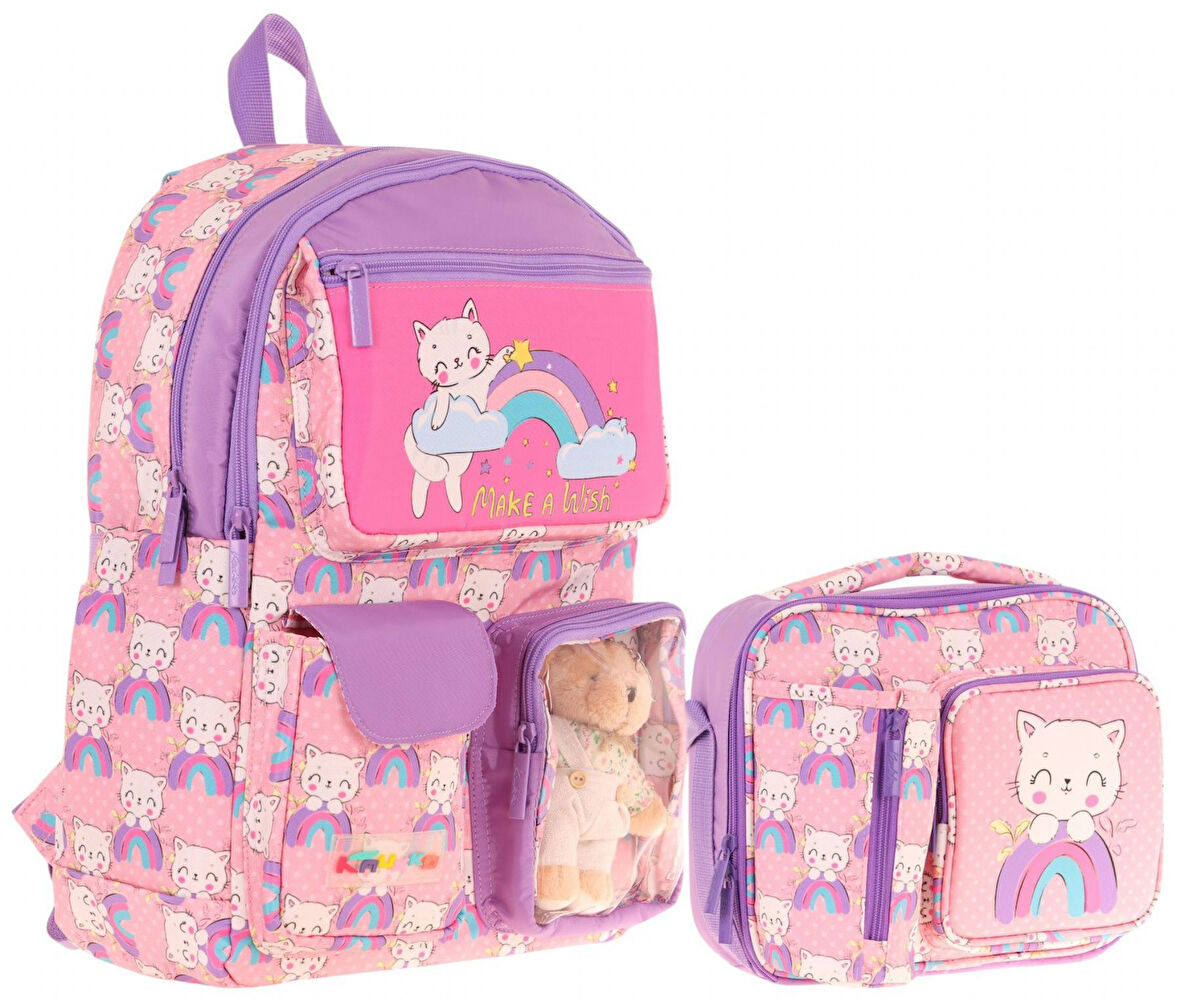 Kaukko Peluş Kedili Pembe Mor Kız ÇocukLar İçin Okul Çantası ve Beslenme Çantası Seti (L5241+L7241)