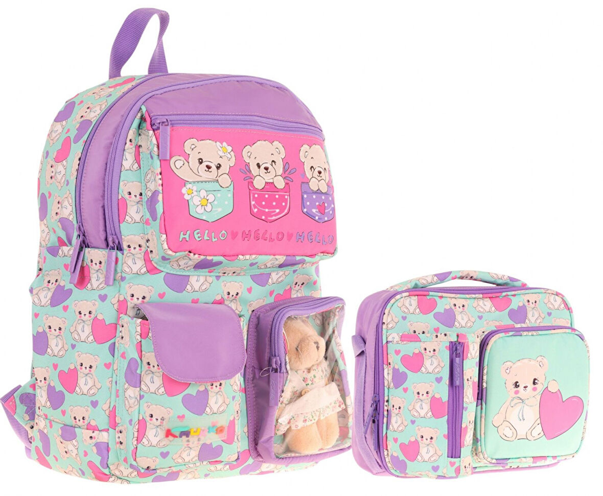 Kaukko Peluş Ayıcıklı Yeşil Mor Kız ÇocukLar İçin Okul Çantası ve Beslenme Çantası Seti (L5239+L7239)