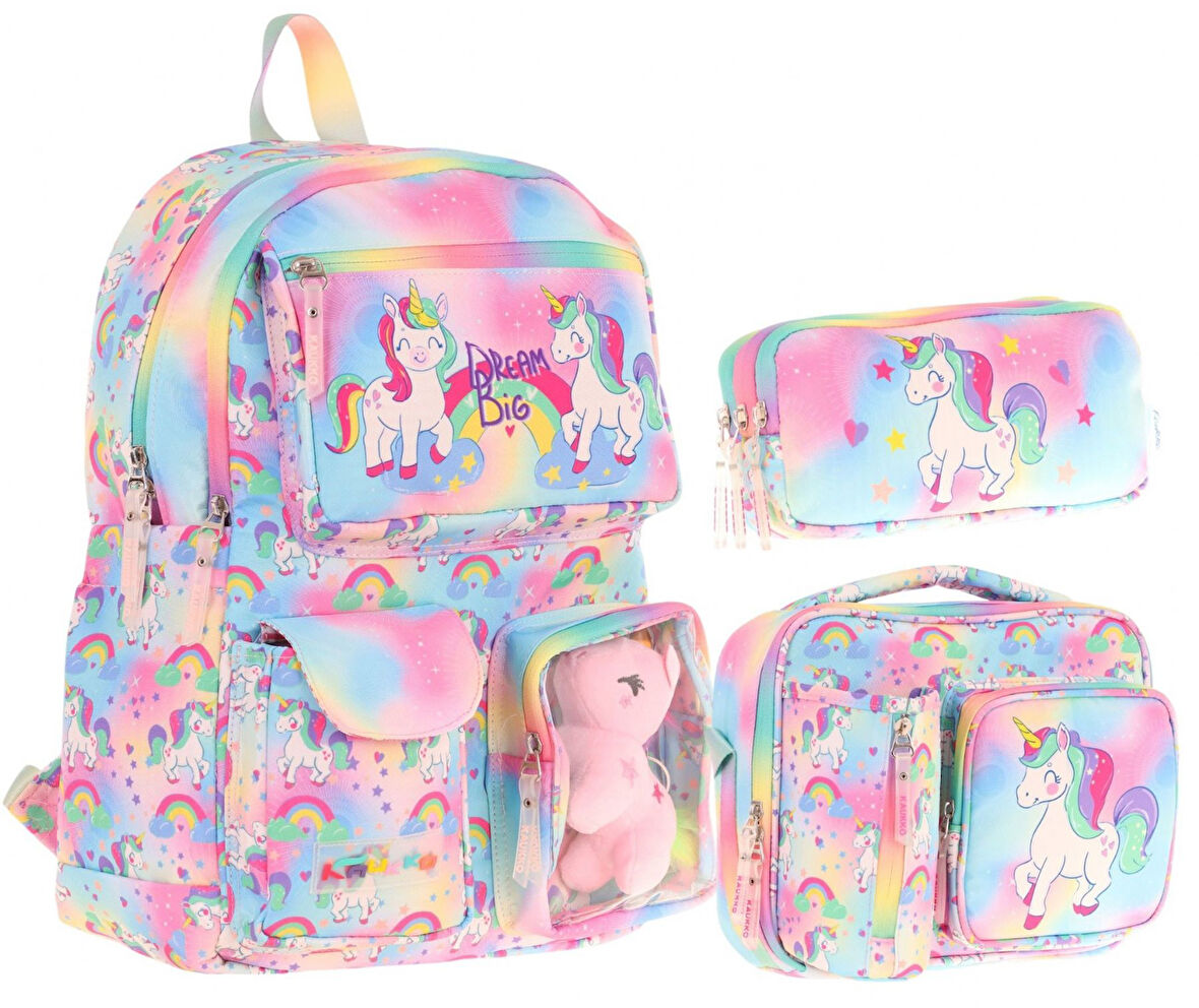 Kaukko Kids Kız Çocuk İlkokul Okul Çantası Seti - Peluş Unicornlu - Pembe (L5243+L7243+L8243)