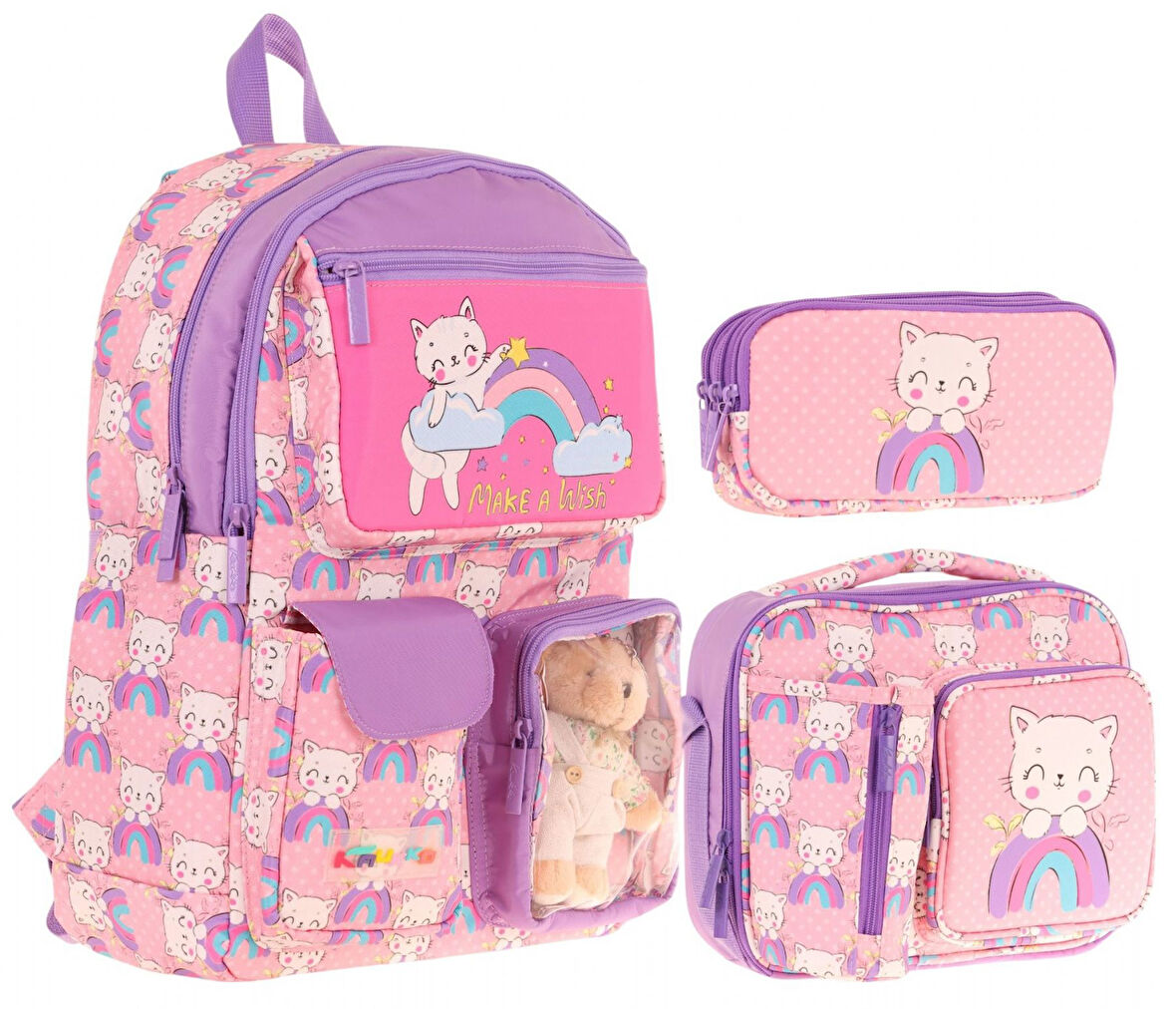 Kaukko Kids Kız Çocuk İlkokul Okul Çantası Seti - Peluş Kedili - Pembe Mor (L5241+L7241+L8241)