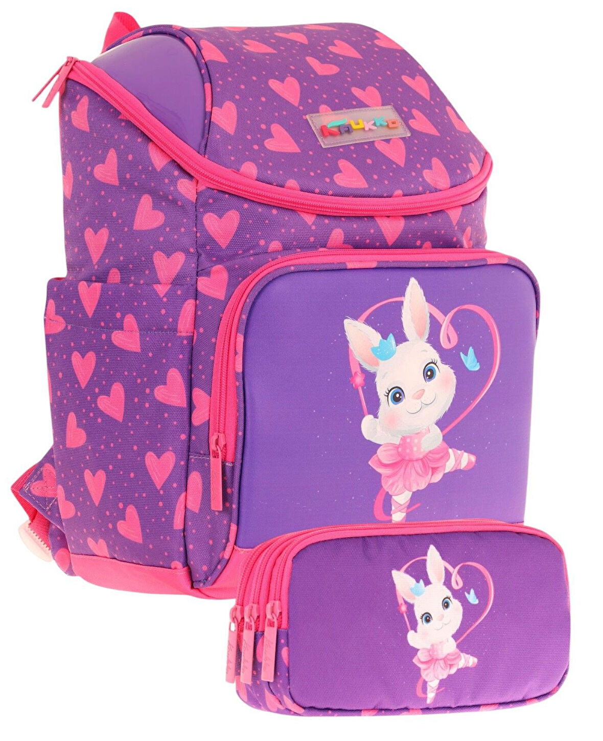 Kaukko Fuşya Mor, Kalpli Tavşan, Kız Çocuk Okul Çantası ve Kalem Çantası Seti - L5246+L8246