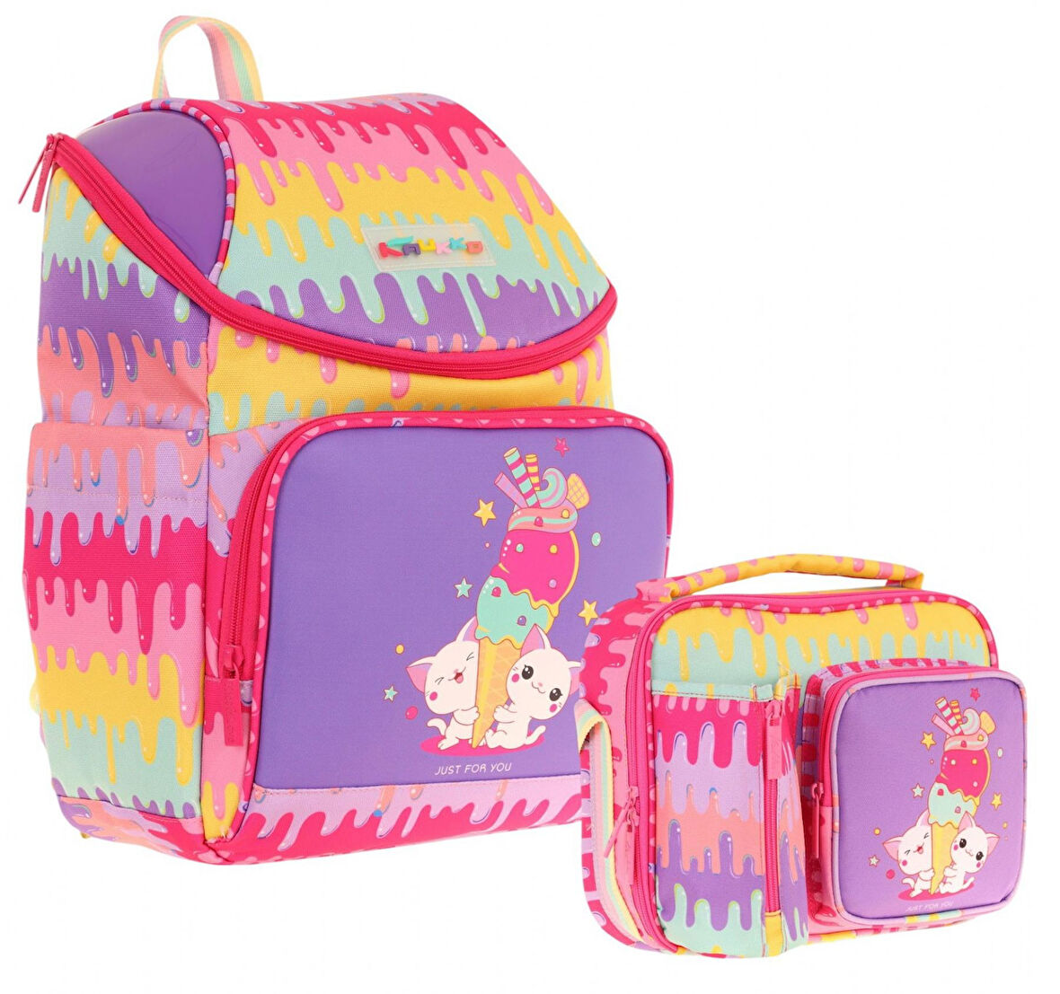 Kaukko L5247+L7247 Okul Sırt Çantası + Beslenme Çantası Seti - Sarı Mor - Dondurma - Kız Çocuk