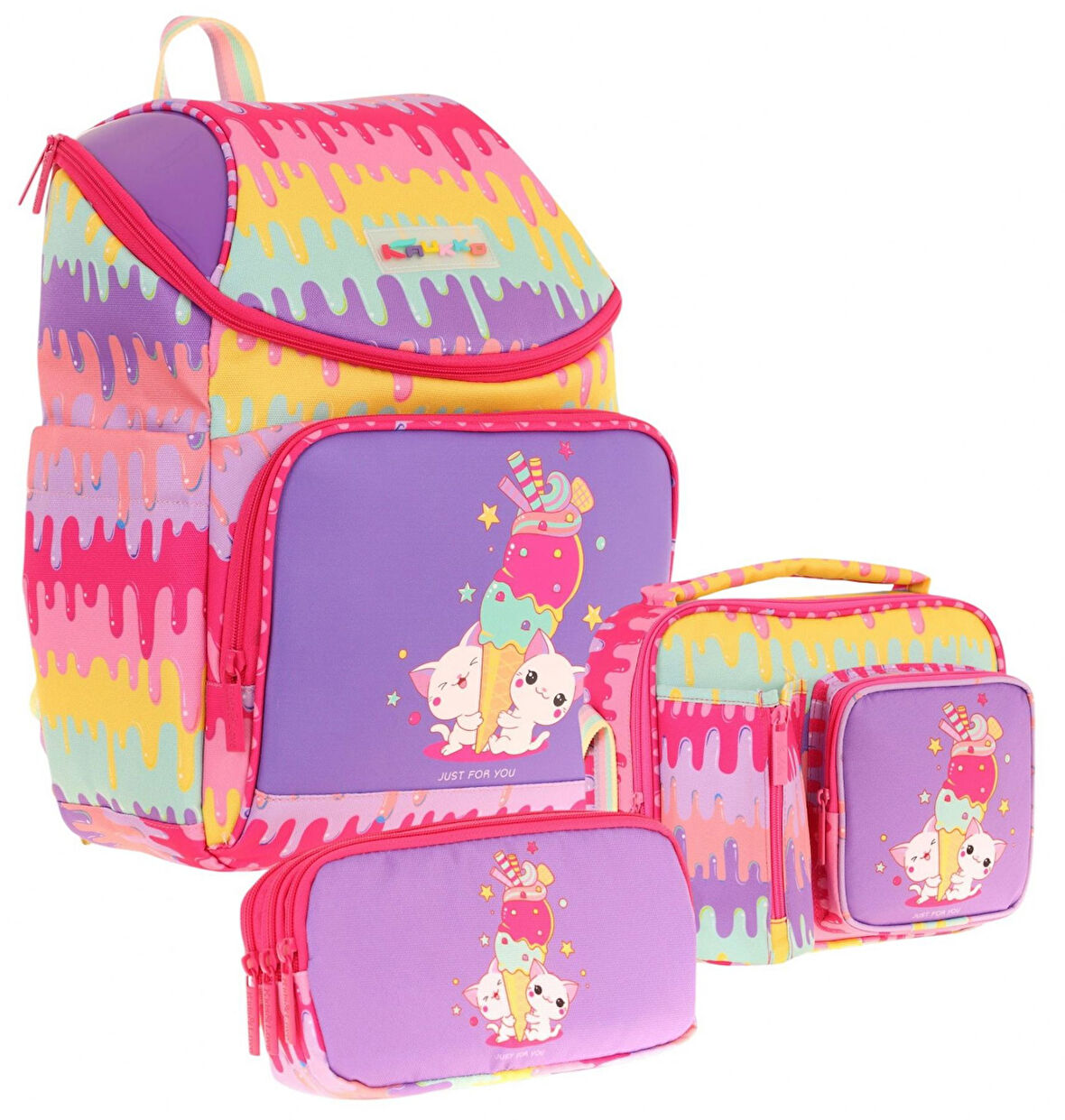 Kaukko (Dondurma Baskılı - Sarı Mor) Kız Çocuk İki Bölmeli Okul Çanta Seti (Üçlü)