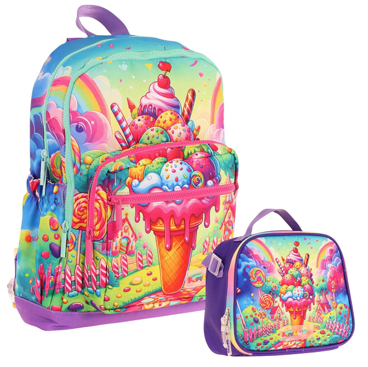 Kaukko Dondurma Baskılı Kız Çocuk Okul Çantası ve Thermo Beslenme Çantası Seti - Kırmızı Mavi (L5251+L7251)