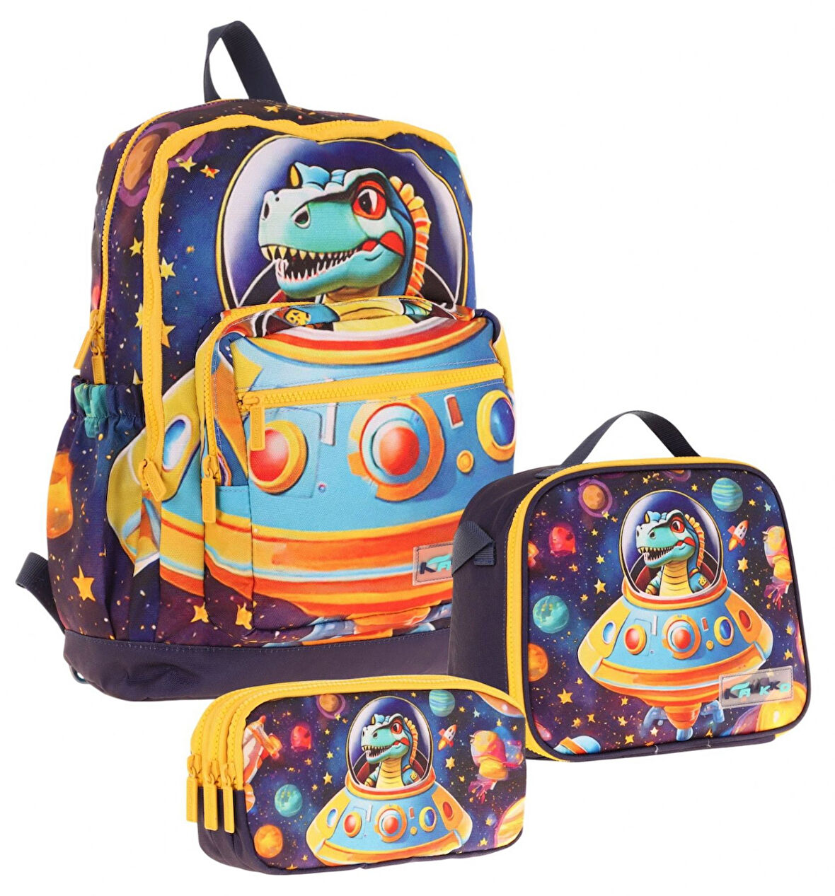 Kaukko Kids Dört Bölmeli Okul Çantası + Beslenme +Kalemlik Seti (Astronot Dinazor - Erkek Çocuk - Mavi Sarı)