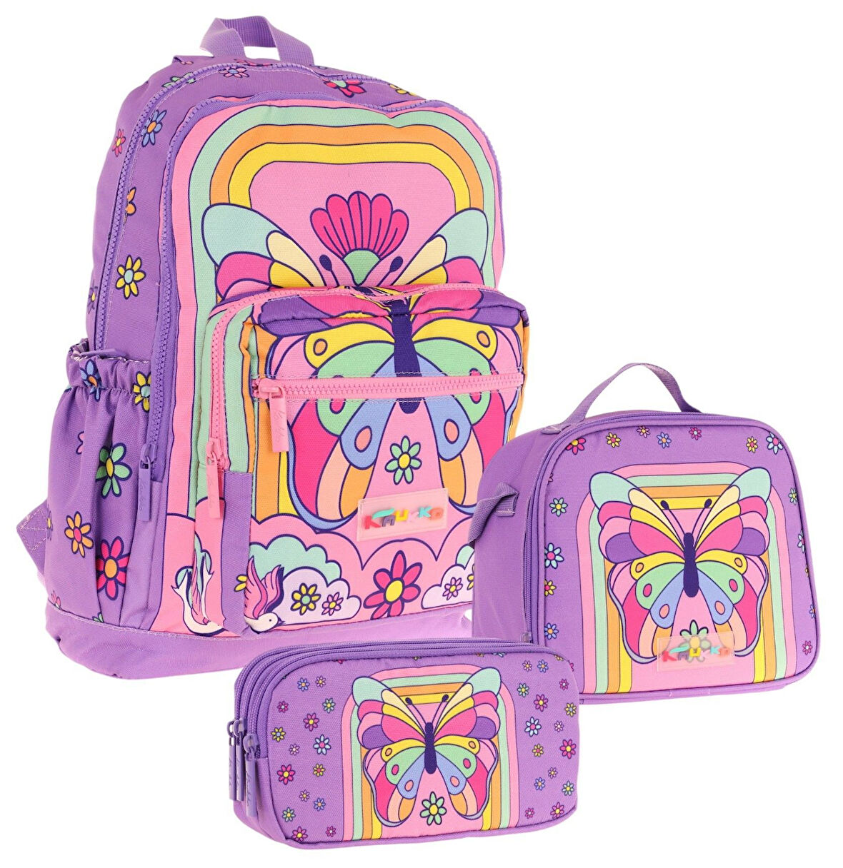 Kaukko Kids Dört Bölmeli Okul Çantası + Beslenme +Kalemlik Seti (Kelebek - Kız Çocuk - Mor Pembe)