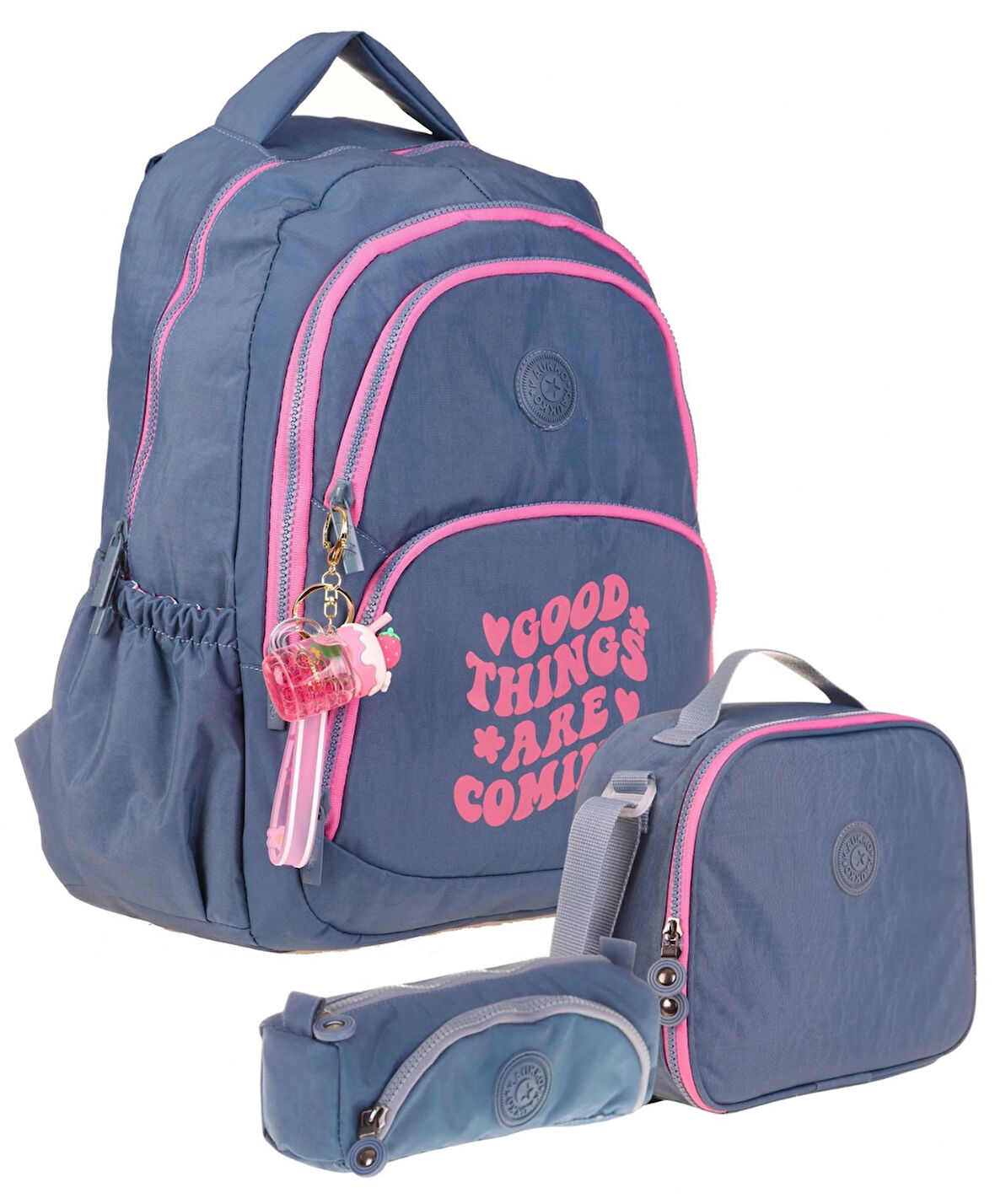 Kaukko Gri Pembe Kız Çocuk Üçlü Okul Çanta Seti - Krinkıl Kumaş - K1687+K9011+K2516