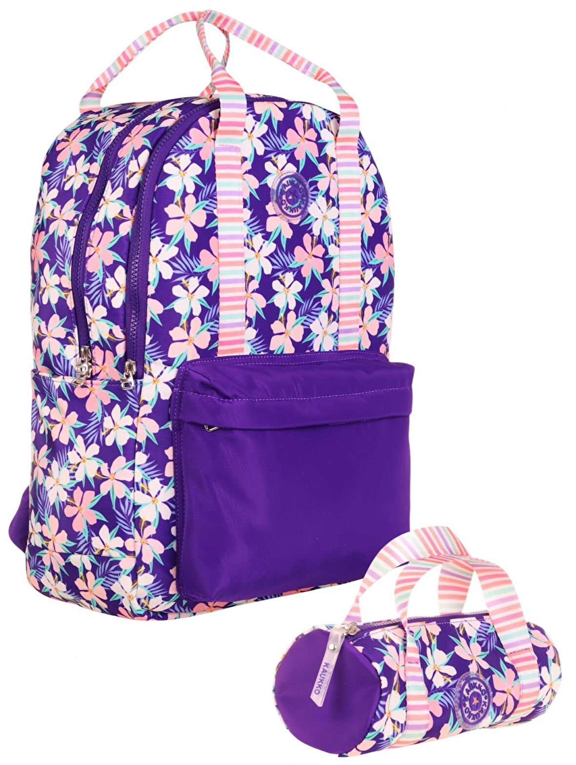 Kaukko İkili Okul Çantası Seti - Okul Çantası+Kalemlik - Mor - Çiçek Desenli - Kız Çocuklar İçin