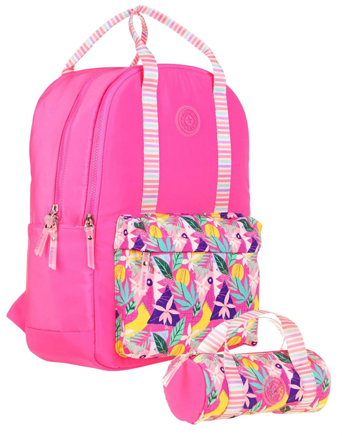 Kaukko İkili Okul Çantası Seti - Okul Çantası+Kalemlik - Pembe - Yaprak Desenli - Kız Çocuklar İçin