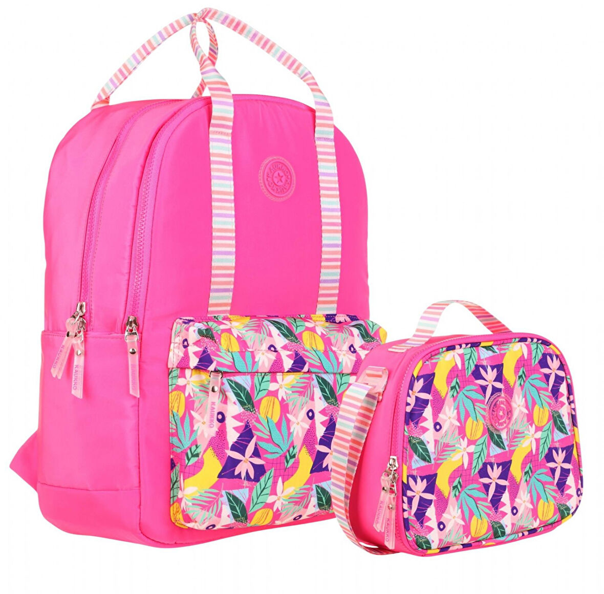 Kaukko Kız Çocuklara Özel Pembe Renkli Yaprak Desenli Okul Çantası ve Beslenme Çantası Seti