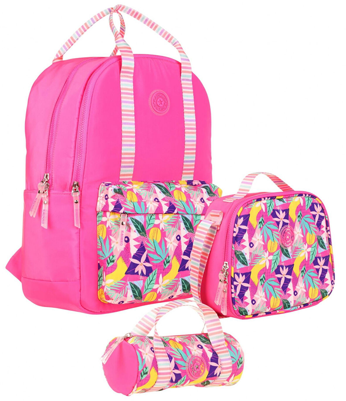 Kaukko Double Stripe Kız Çocuk İlkokul Üçlü Okul Çantası Seti - Pembe - Yaprak Desenli
