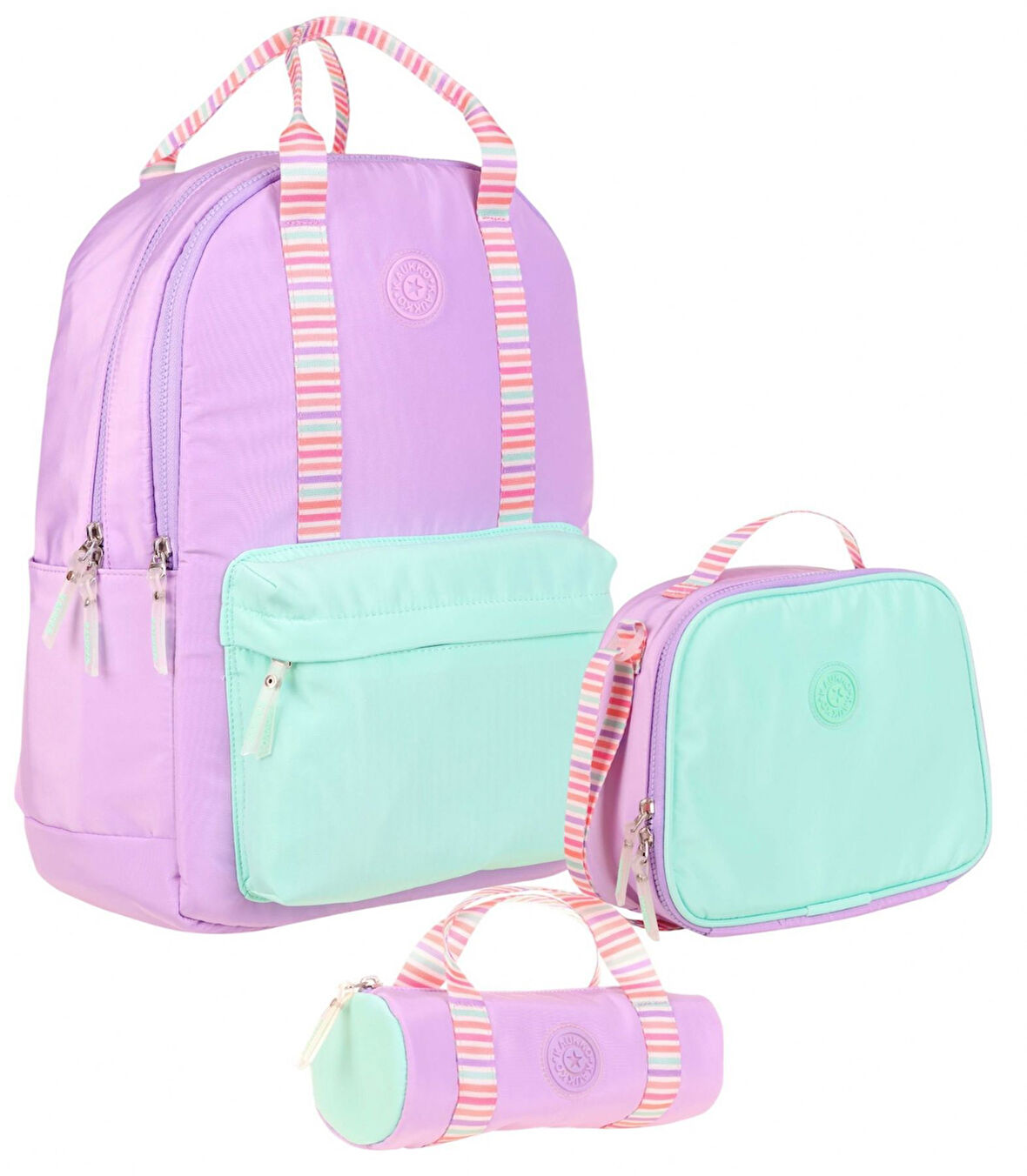 Kaukko Double Stripe Kız Çocuk İlkokul Üçlü Okul Çantası Seti - Lila - Çift Renk