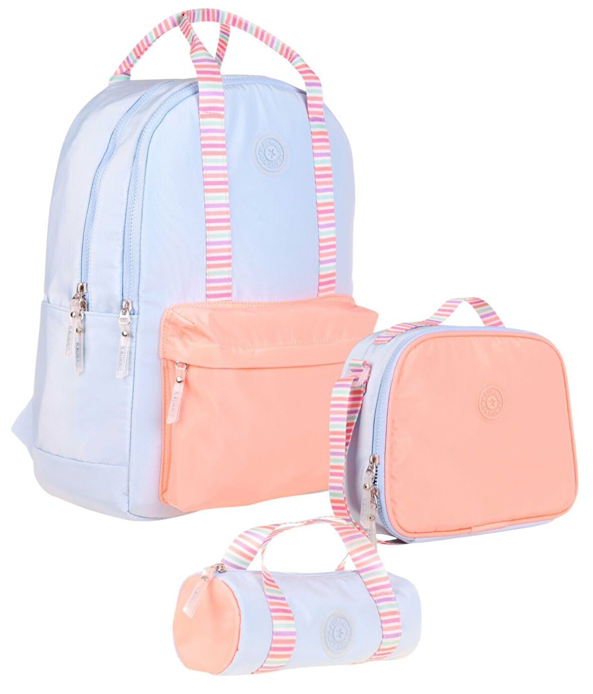 Kaukko Double Stripe Kız Çocuk İlkokul Üçlü Okul Çantası Seti - Mavi Turuncu - Çift Renk