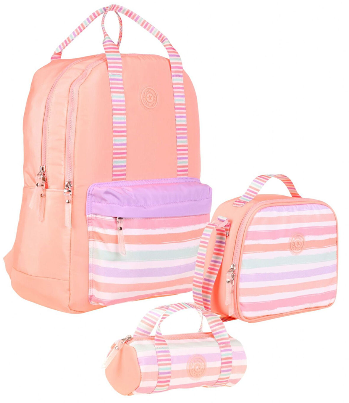 Kaukko Double Stripe Kız Çocuk İlkokul Üçlü Okul Çantası Seti - Somon - Çizgi Desenli
