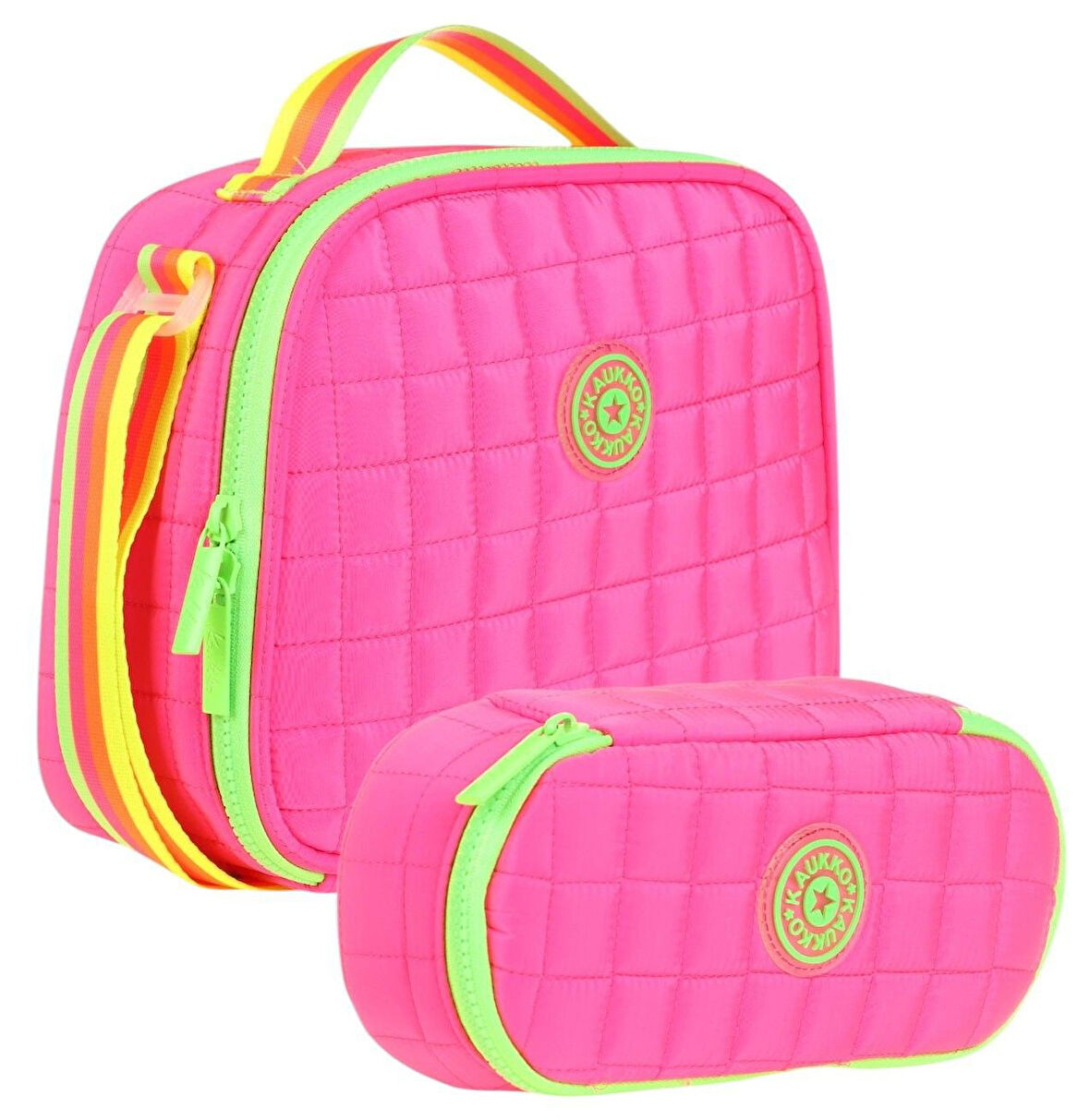 Kaukko Kapitone Okul Termoslu Beslenme Çantası ve Organizer Kalemlik Seti - Kız Çocuk - Pembe Yeşil