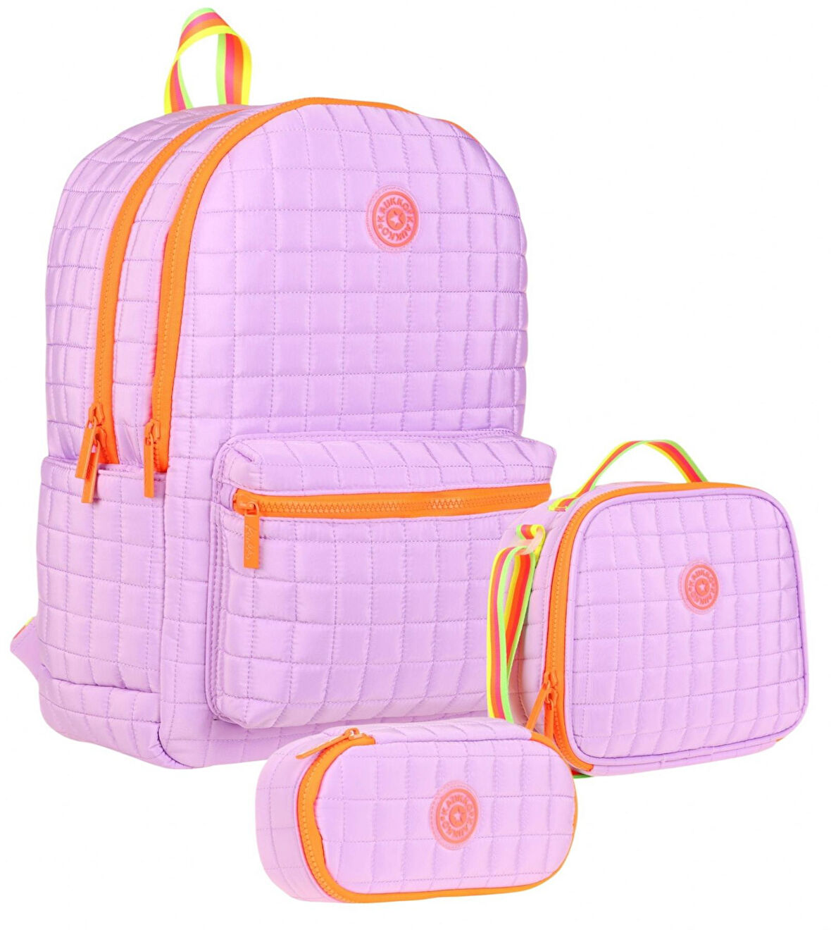 Kaukko Quilted Mor Turuncu Kapitone Üçlü Okul Çantası Seti - Kız Çocuk