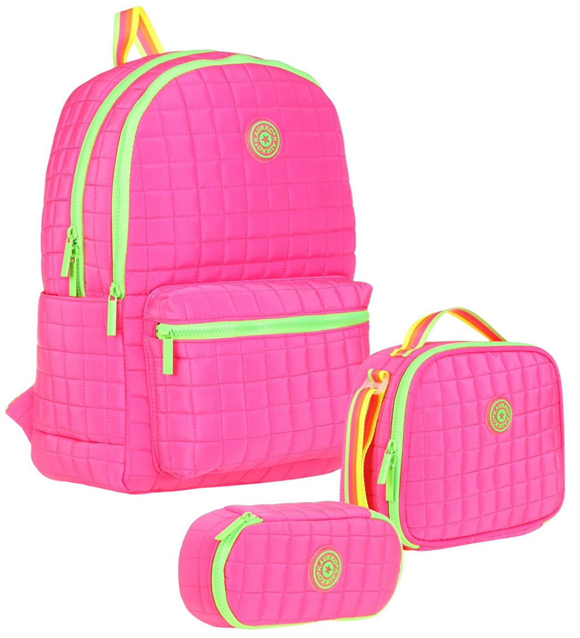 Kaukko Quilted Pembe Yeşil Kapitone Üçlü Okul Çantası Seti - Kız Çocuk