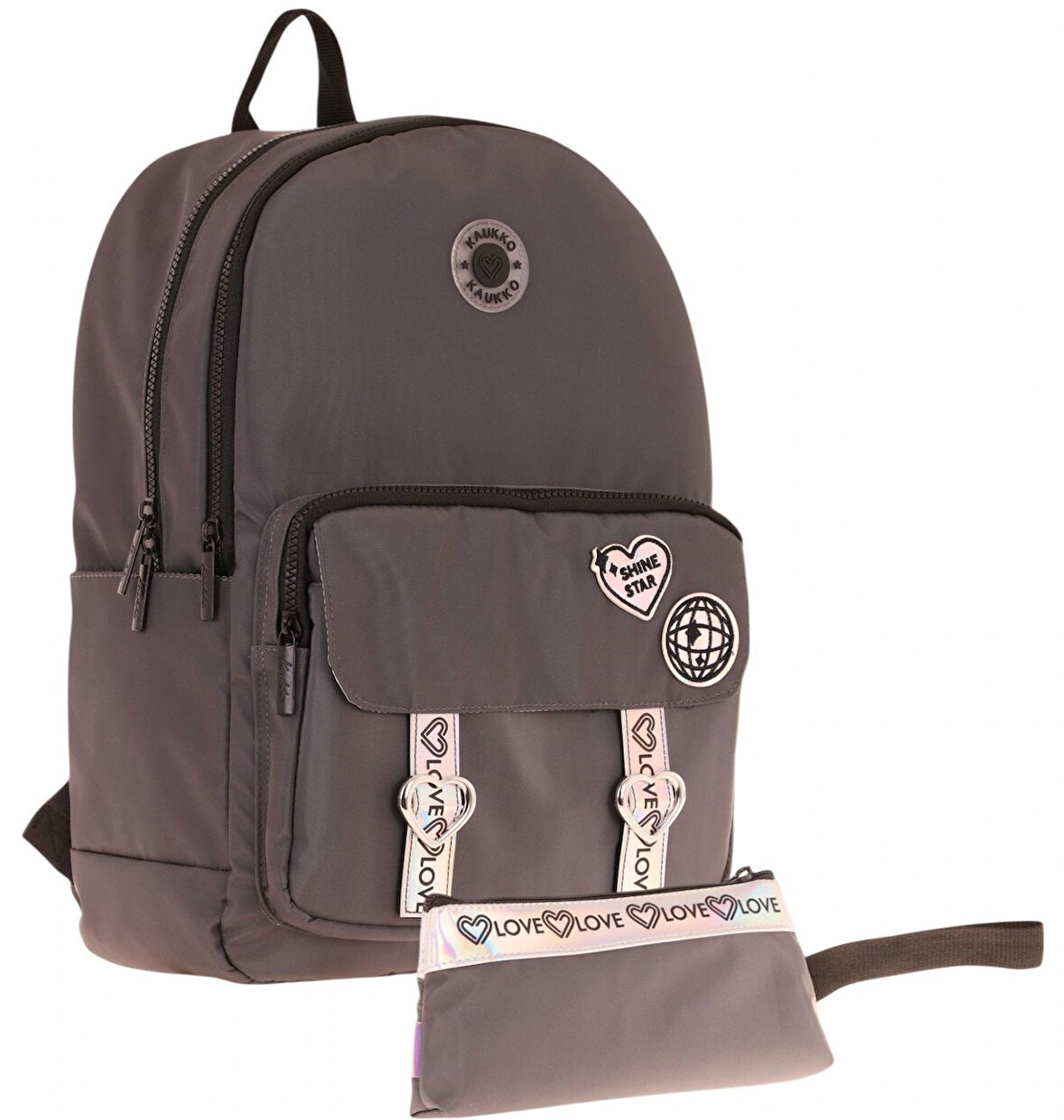 Kaukko Parlak Love Şeritli Gri Okul Çantası ve Cüzdan Tipi Kalemlik Seti (KK-K1842+KK-K2753)
