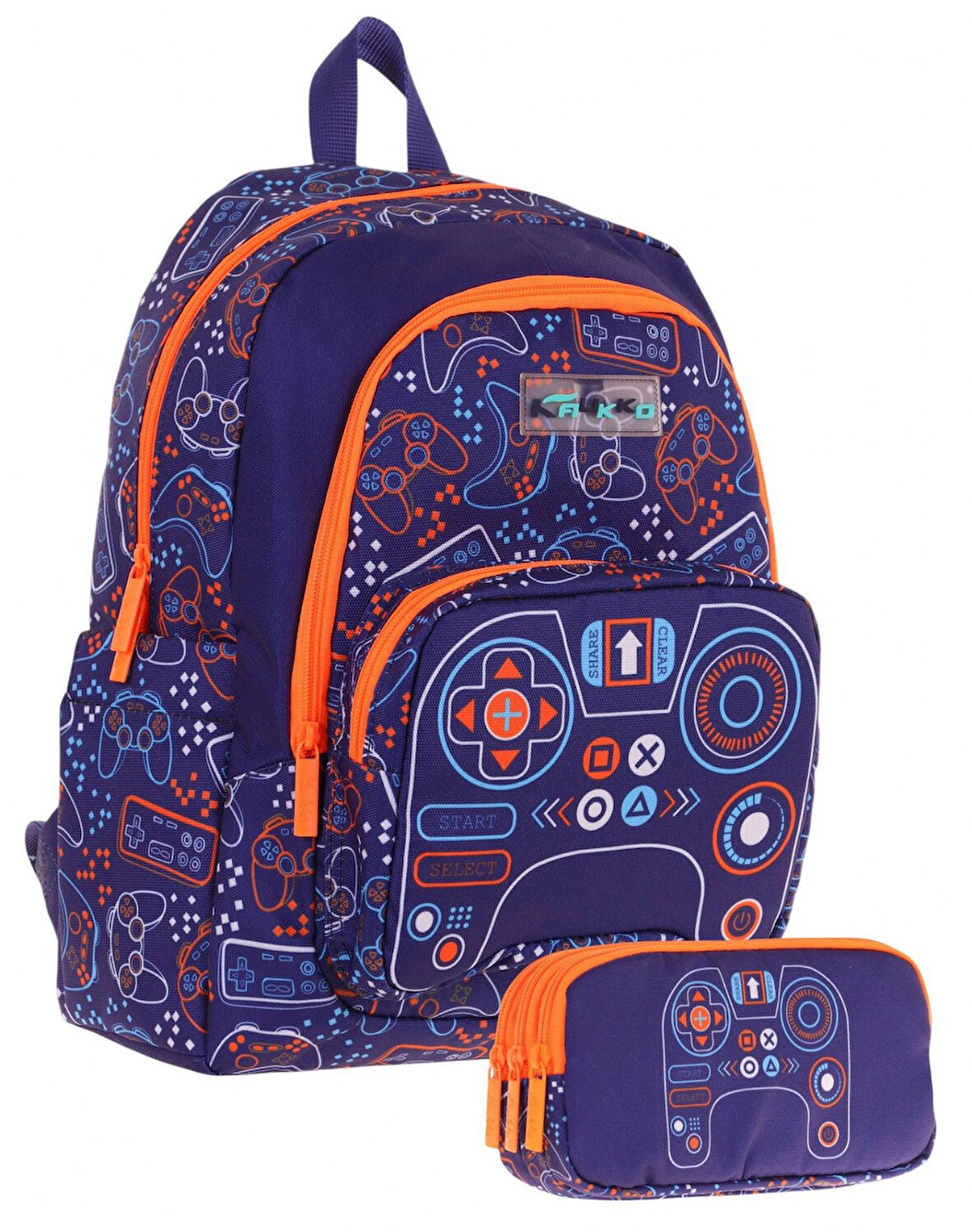 Kaukko Kids (L5281+L8281) Üç Gözlü Erkek Çocuk Okul Çantası ve Kalem Çantası Seti - Turuncu Lacivert - Oyun Baskılı