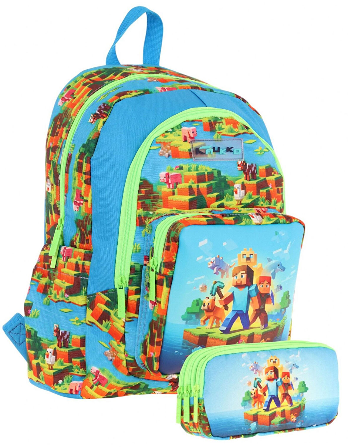 Kaukko Kids (L5280+L8280) Üç Gözlü Erkek Çocuk Okul Çantası ve Kalem Çantası Seti - Yeşil Mavi - Craft Baskılı