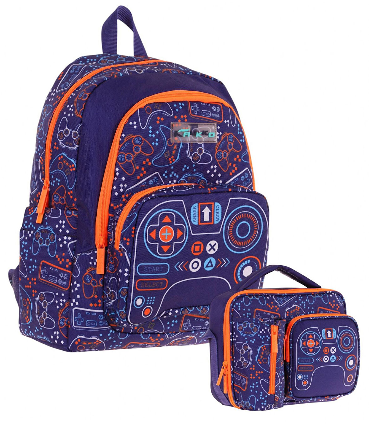 Kaukko Kids Oyun Temalı Erkek Çocuk Lacivert Turuncu Okul Çantası ve Beslenme Çanta Takımı