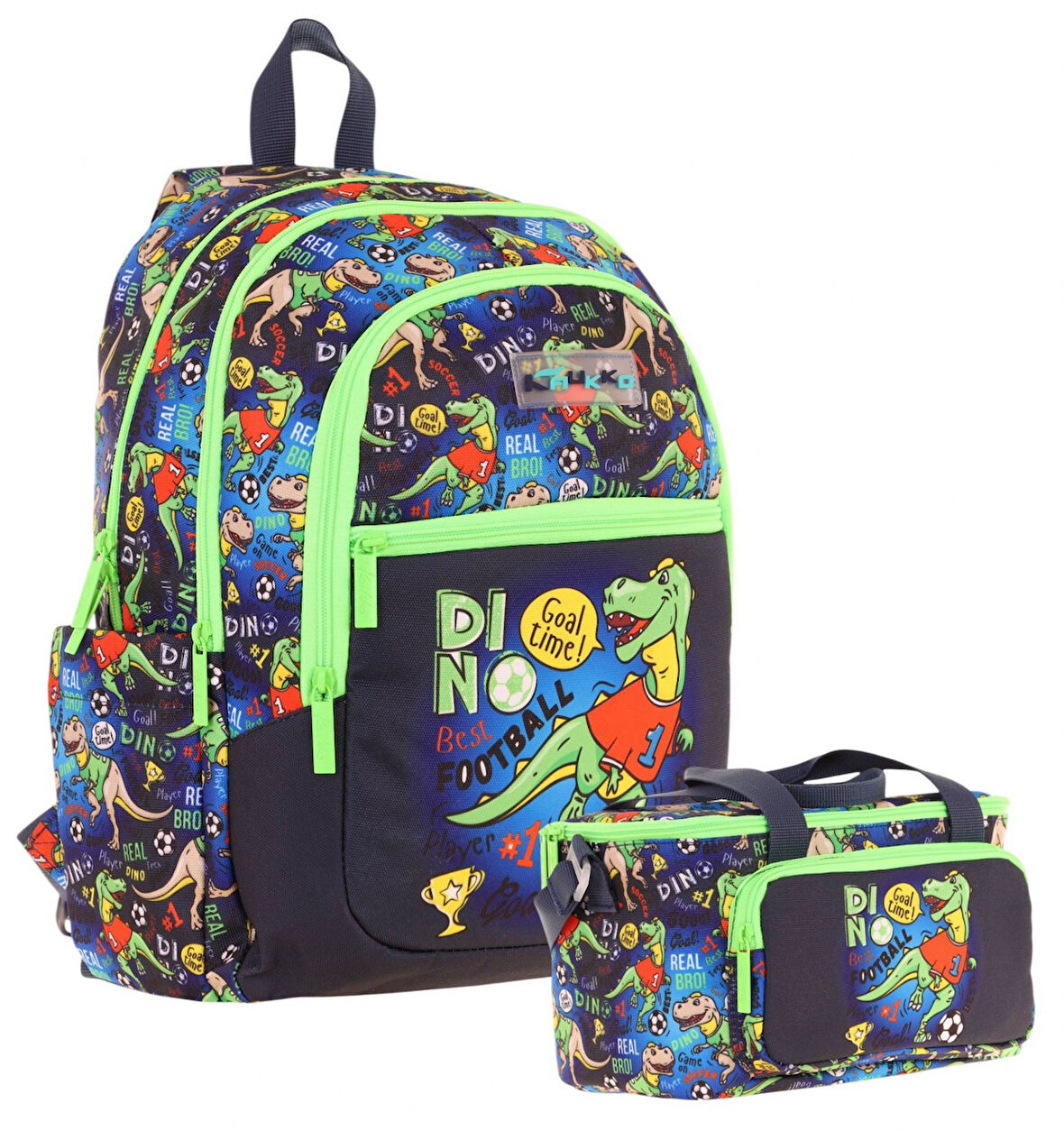 Kaukko Çanta Dinazor Desenli Erkek Çocuk Siyah Yeşil Okul Çantası ve Thermo Beslenme Çantası Takımı (L5266+L7266)