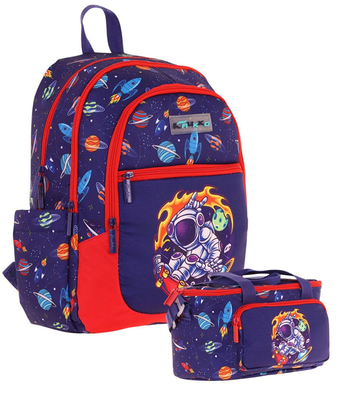 Kaukko Çanta Astronot Desenli Erkek Çocuk Lacivert Kırmızı Okul Çantası ve Thermo Beslenme Çantası Takımı (L5267+L7267)