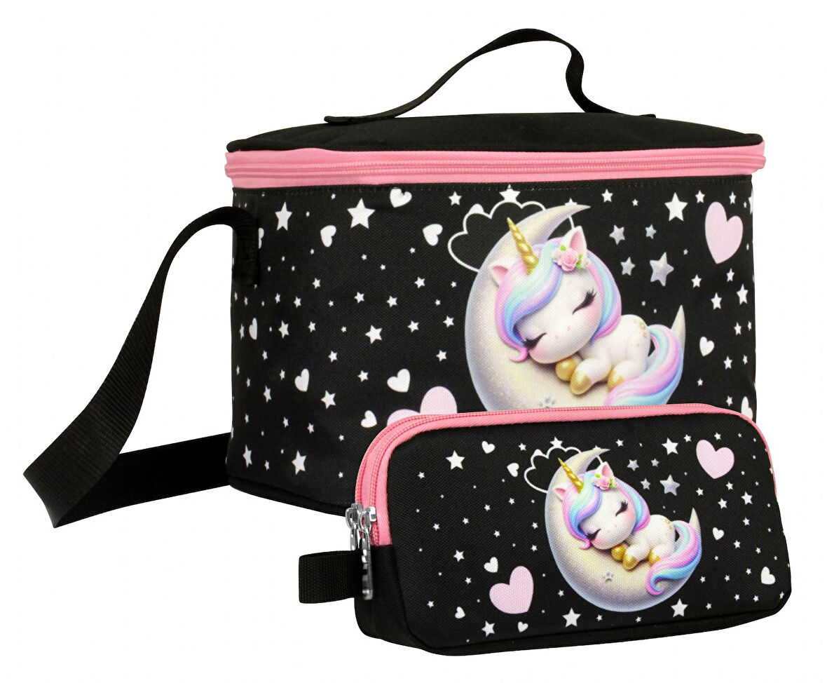 Cennec Kız Çocuk Uykucu Unicorn Desenli Siyah Pembe Beslenme Çantası ve Kalemlik Seti