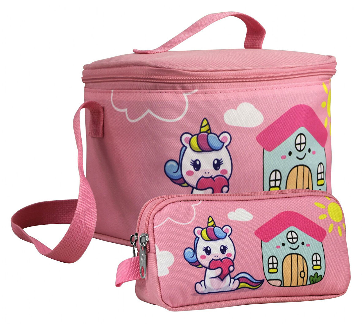Cennec Kız Çocuk Unicorn Desenli Pembe Yeşil Beslenme Çantası ve Kalemlik Seti
