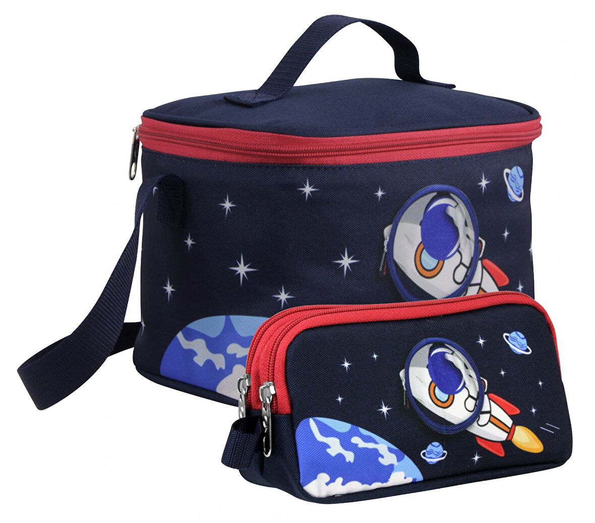 Cennec Erkek Çocuk 3D Astronot Desenli Lacivert Kırmızı Beslenme Çantası ve Kalemlik Seti