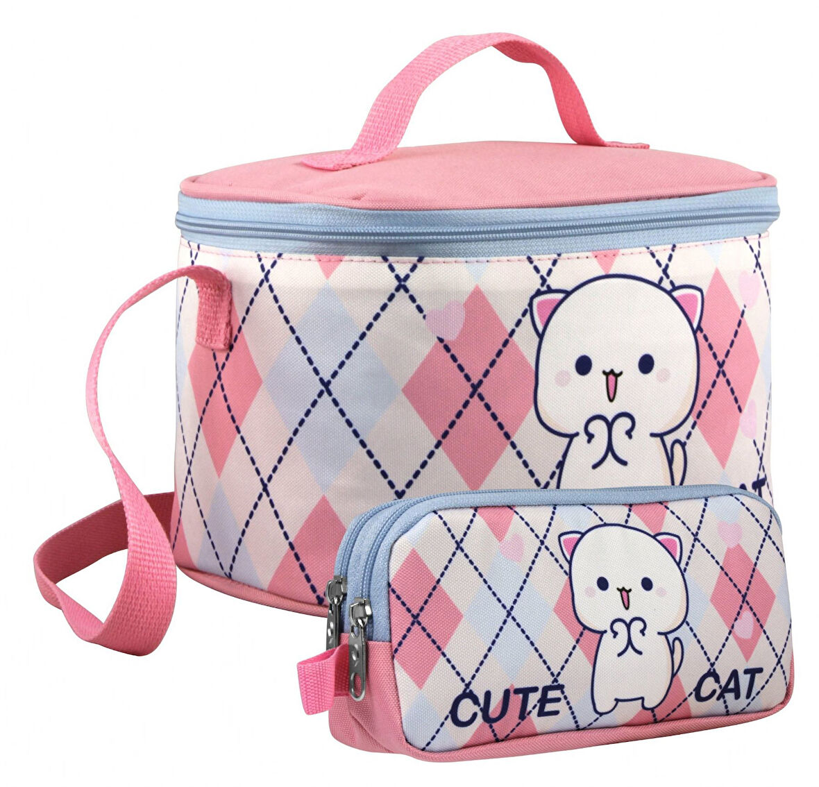 Cennec Kız Çocuk Love Cute Cat Desenli Beyaz Pembe Beslenme Çantası ve Kalemlik Seti